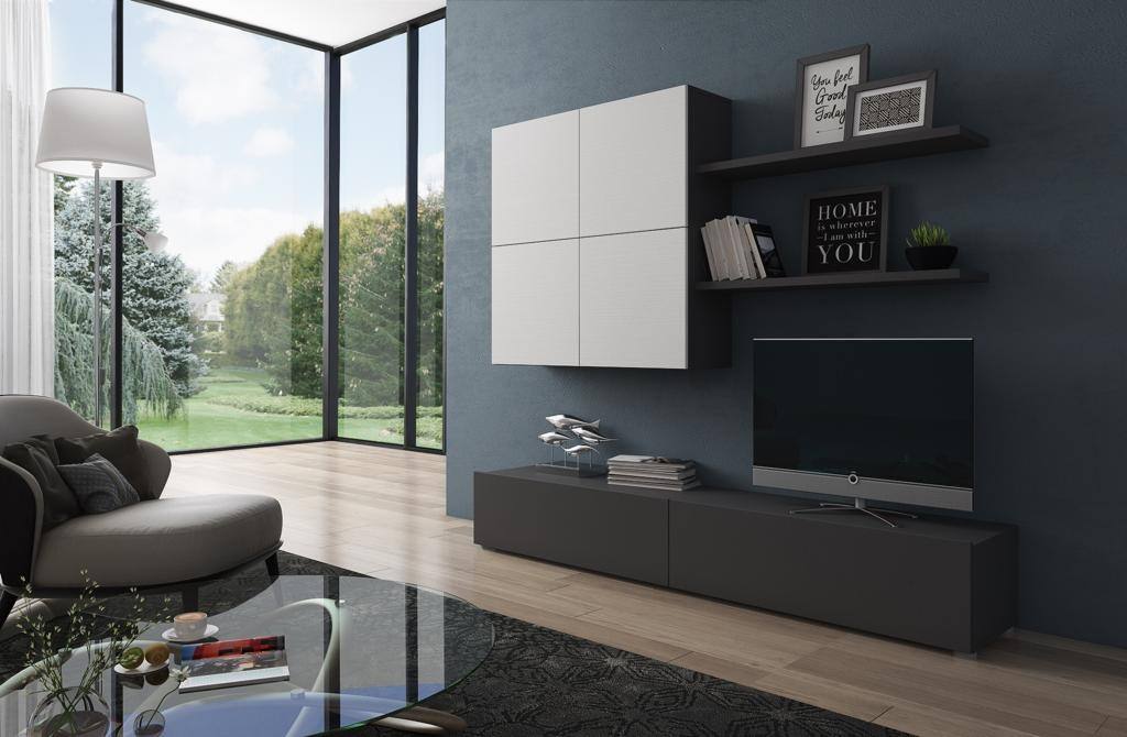 Parete attrezzata 0, Mobile porta TV moderno con Ante e ripiani, Set salotto completo reversibile con pensili, Cm 200x31h39, Antracite e Bianco