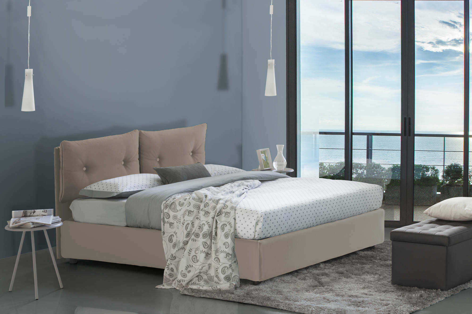 Letto piazza e mezza Bacio, Letto contenitore con rivestimento in ecopelle, Made in Italy, Apertura frontale, con materasso cm 120x190 incluso, Tortora