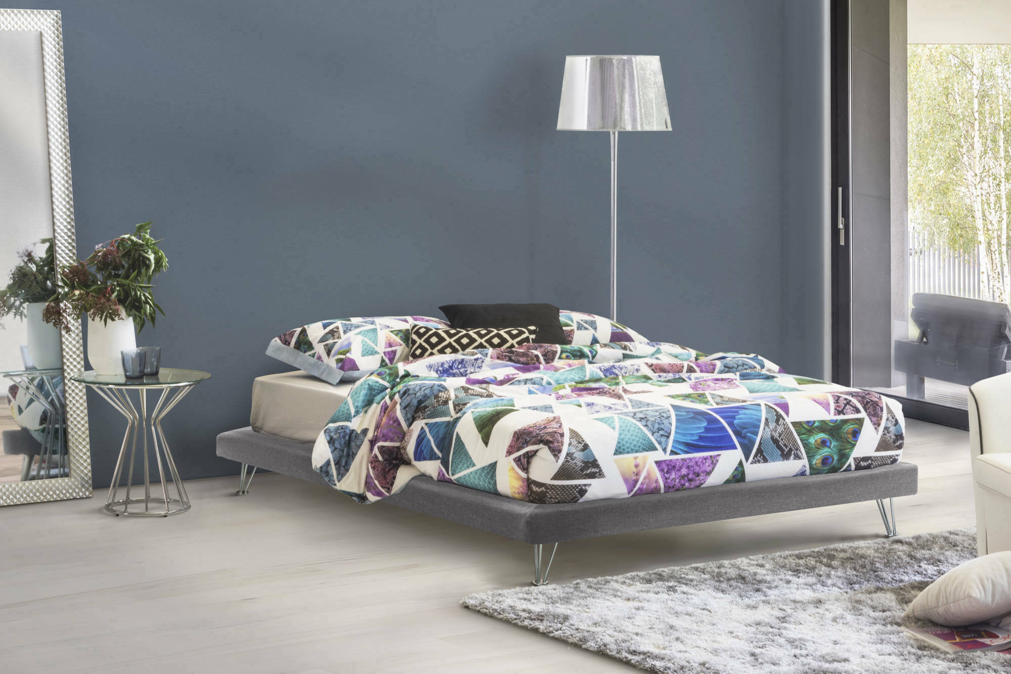 Letto matrimoniale Arbatrax, Letto fisso in tessuto con piedini, Made in Italy, adatto per materasso cm 160x190, Grigio