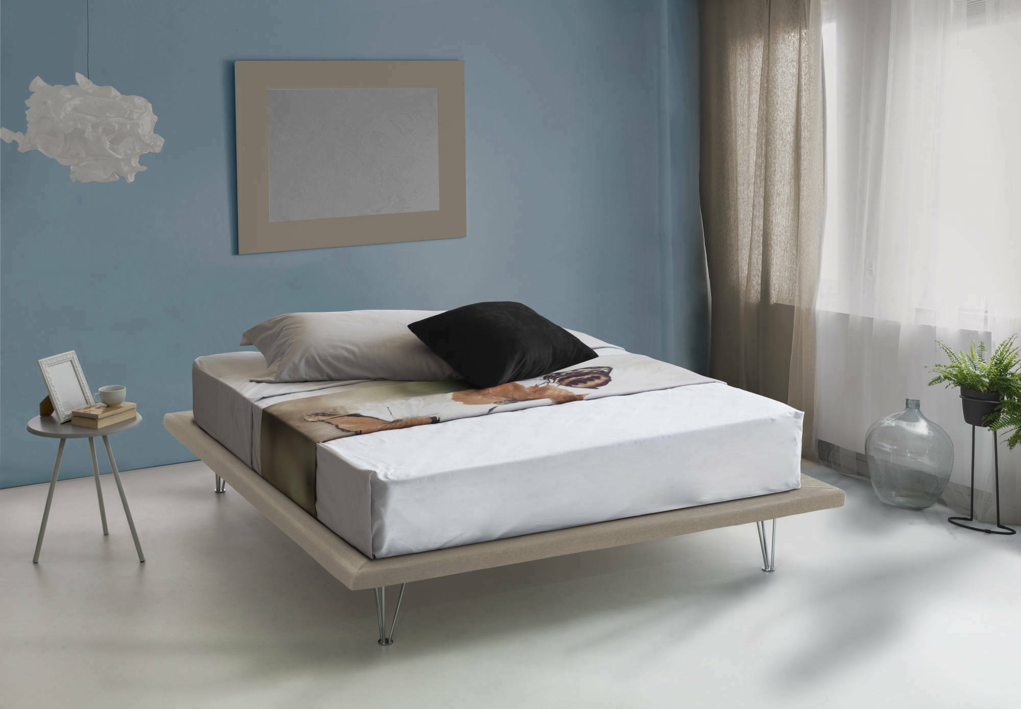 Letto matrimoniale Pietersite, Letto fisso in tessuto con piedini, Made in Italy, adatto per materasso cm 160x200, Beige