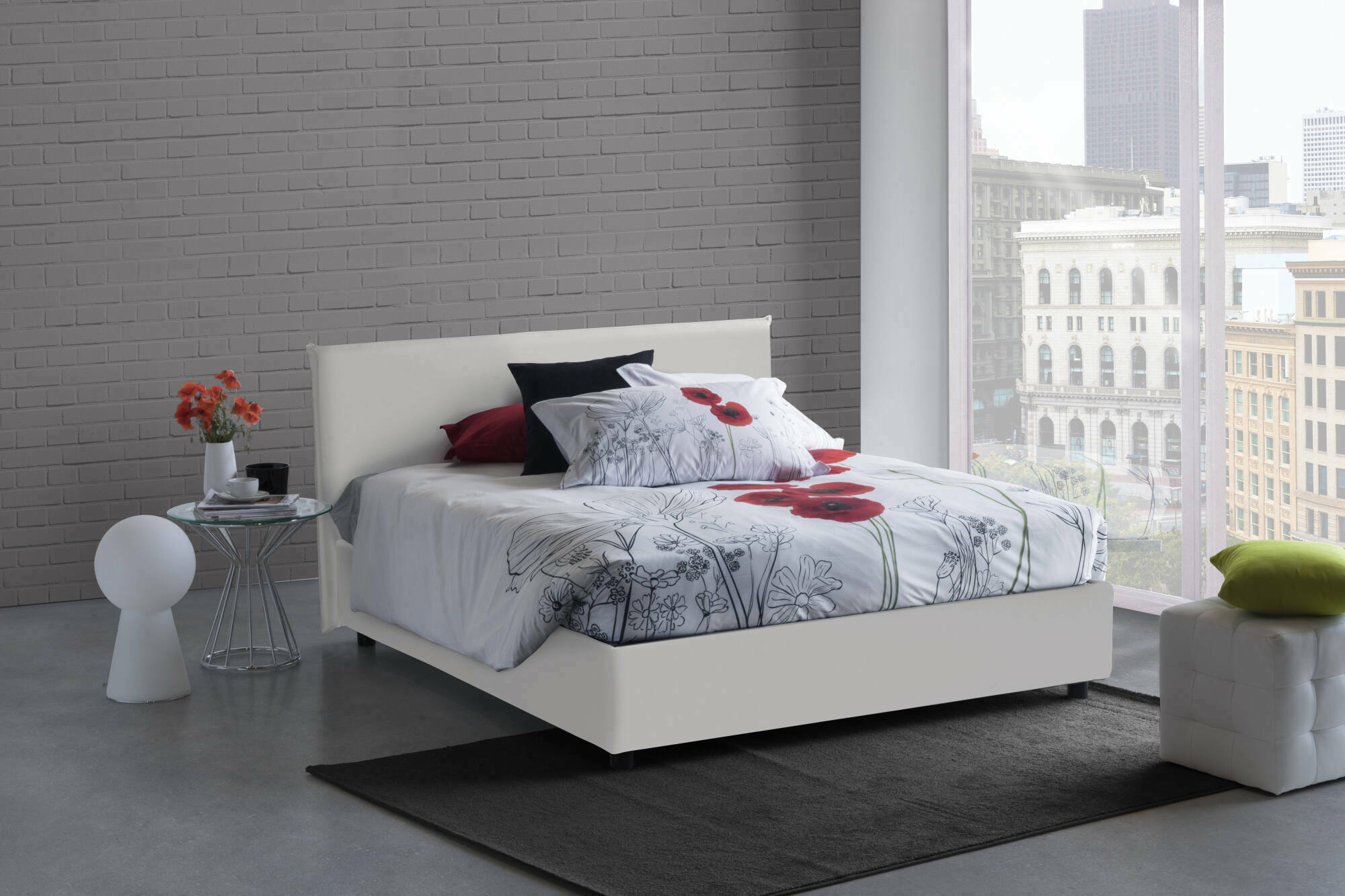 Letto matrimoniale Ariella, Letto contenitore con rivestimento in ecopelle, Made in Italy, Apertura frontale, adatto per materasso cm 160x200, Bianco