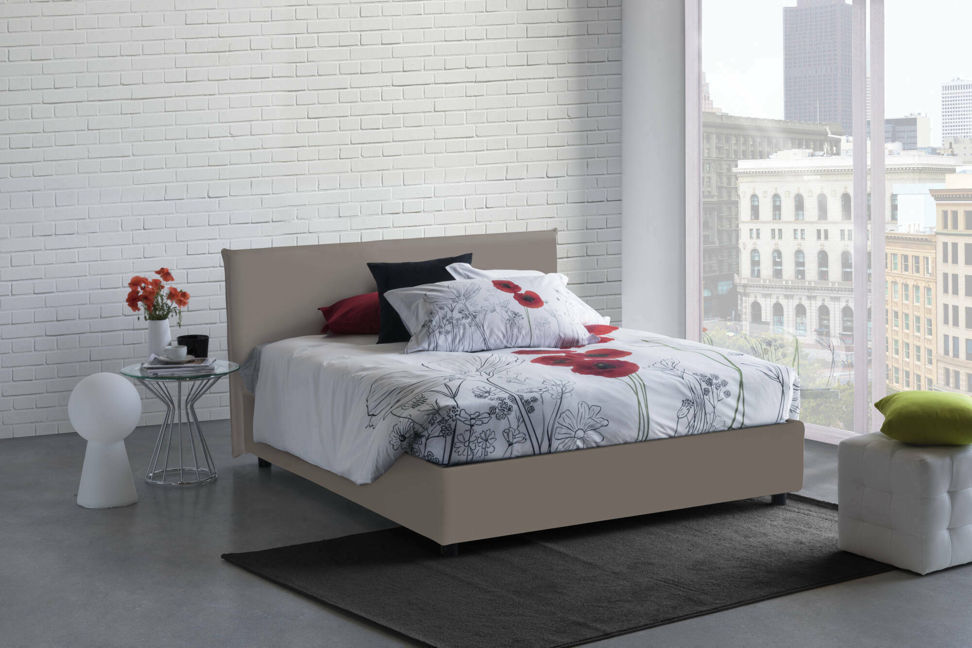 Letto matrimoniale Hackmanite, Letto contenitore con rivestimento in ecopelle, Made in Italy, Apertura frontale, con materasso cm 160x200 incluso, Tortora