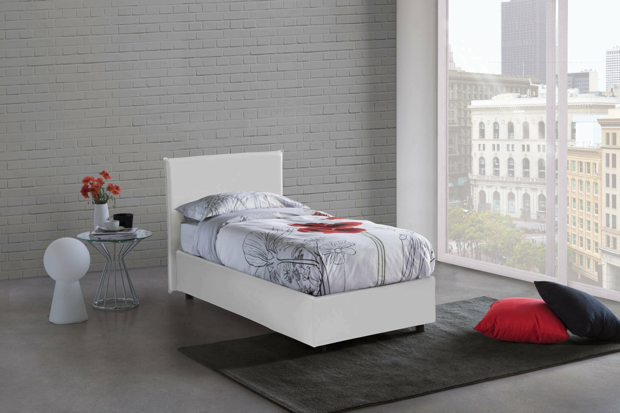 Letto singolo Grecale, Letto contenitore con rivestimento in ecopelle, Made in Italy, Apertura laterale, adatto per materasso cm 80x190, Bianco
