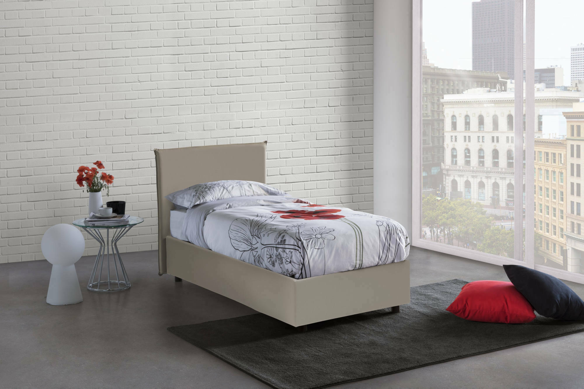 Letto singolo Tashkent, Letto contenitore con rivestimento in ecopelle, Made in Italy, Apertura frontale, con materasso cm 80x190 incluso, Tortora