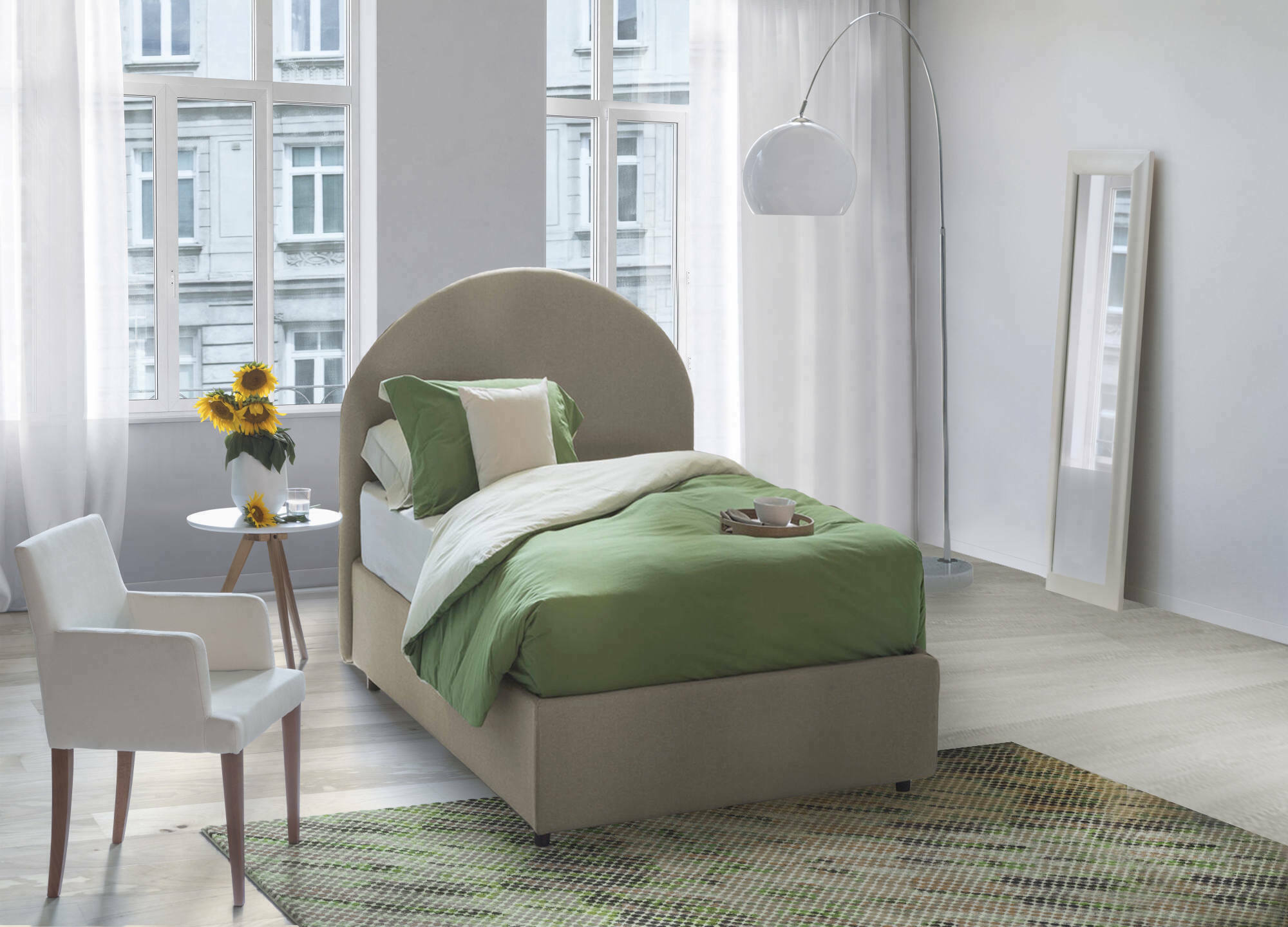 Letto singolo Parco, Letto contenitore con rivestimento in ecopelle, Made in Italy, Apertura laterale, con materasso cm 80x190 incluso, Tortora