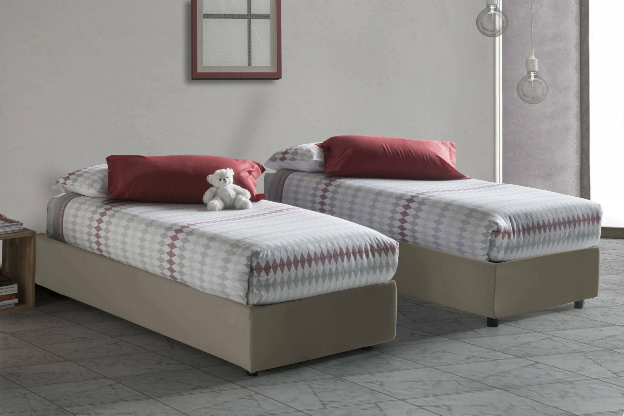 Letto singolo Ermanna, Letto contenitore con rivestimento in ecopelle, Made in Italy, Apertura laterale, con materasso cm 80x190 incluso, Tortora