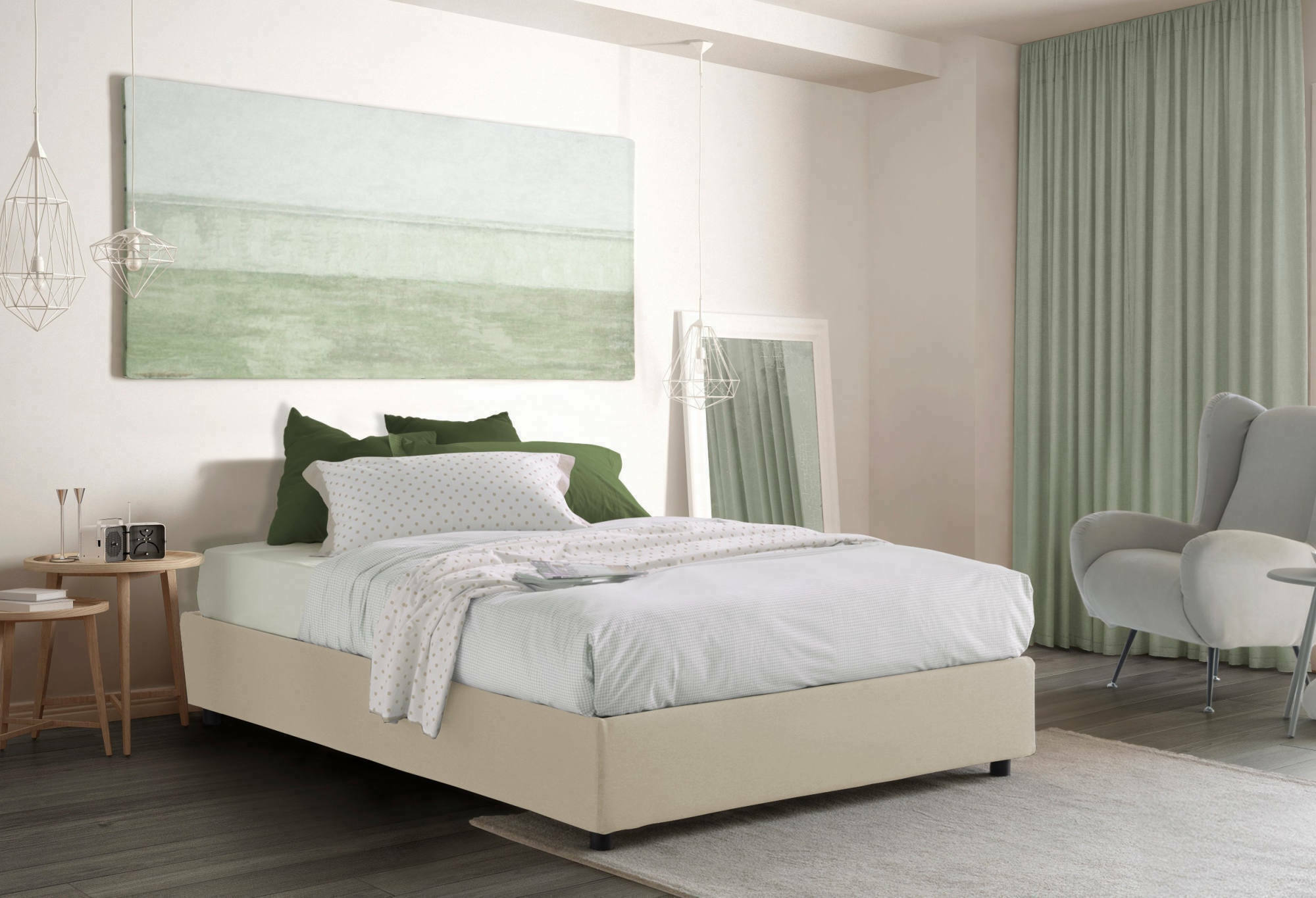 Letto piazza e mezza Andla, Letto contenitore con rivestimento in tessuto, Made in Italy, Apertura frontale, adatto per materasso cm 120x200, Beige