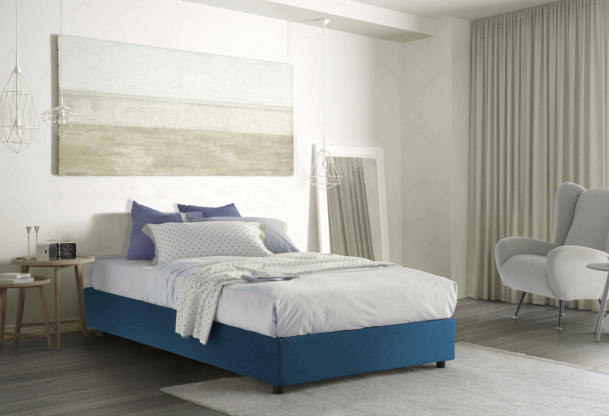 Letto piazza e mezza Andla, Letto contenitore con rivestimento in tessuto, Made in Italy, Apertura frontale, adatto per materasso cm 120x200, Blu