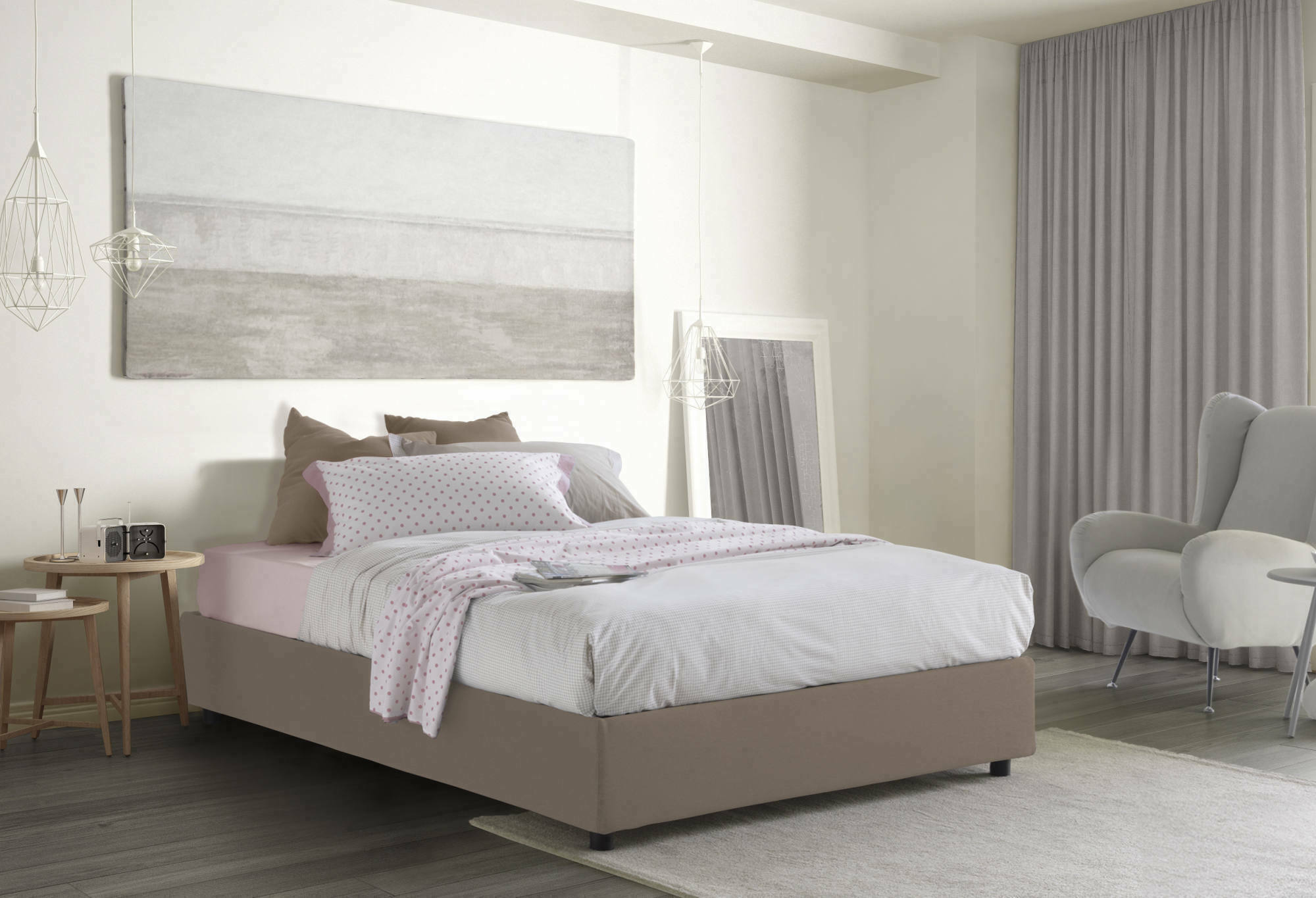 Letto matrimoniale Attilino, Letto contenitore con rivestimento in tessuto, Made in Italy, Apertura frontale, adatto per materasso cm 140x190, Tortora