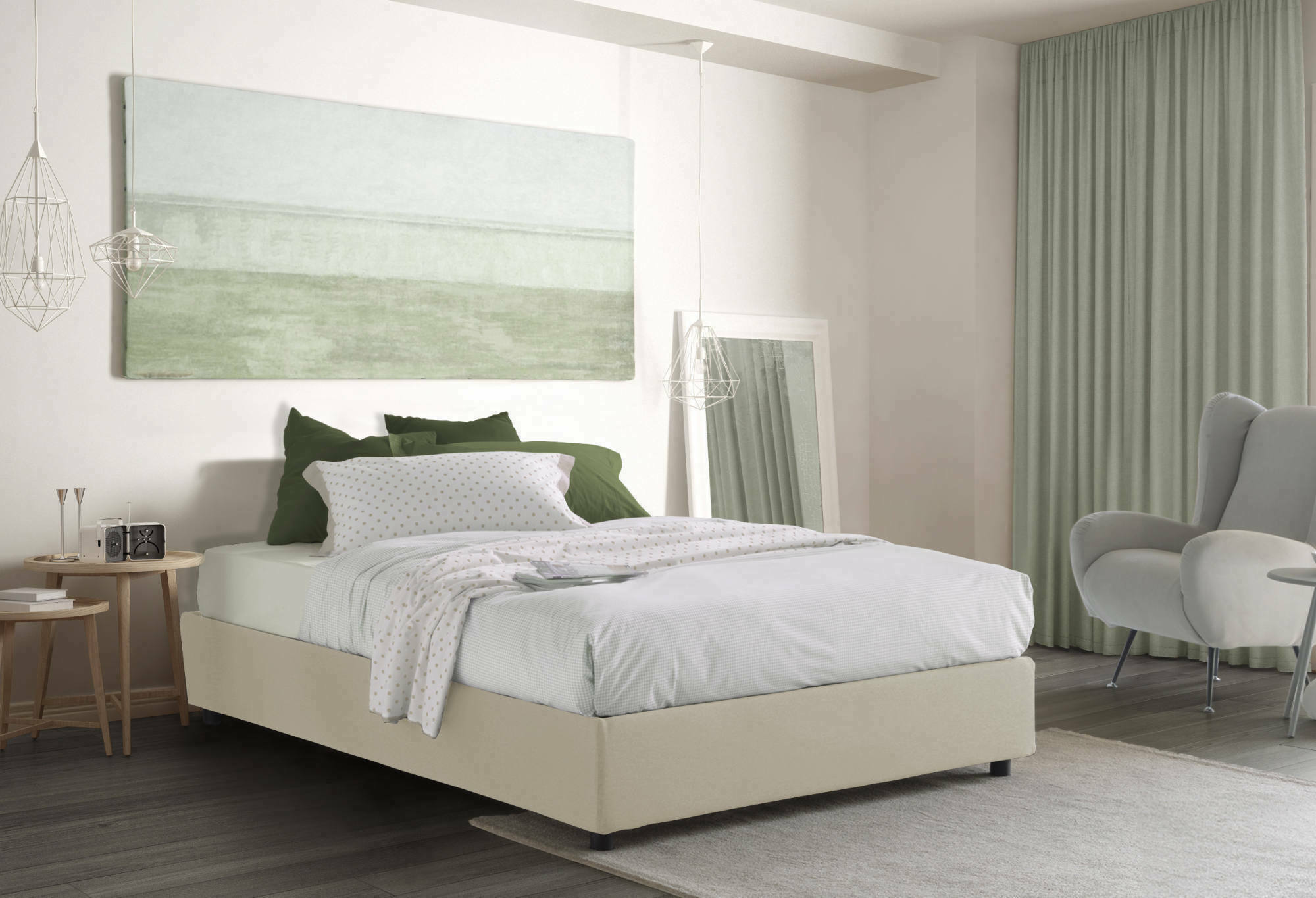 Letto matrimoniale Arvic, Letto contenitore con rivestimento in tessuto, Made in Italy, Apertura frontale, adatto per materasso cm 140x200, Beige