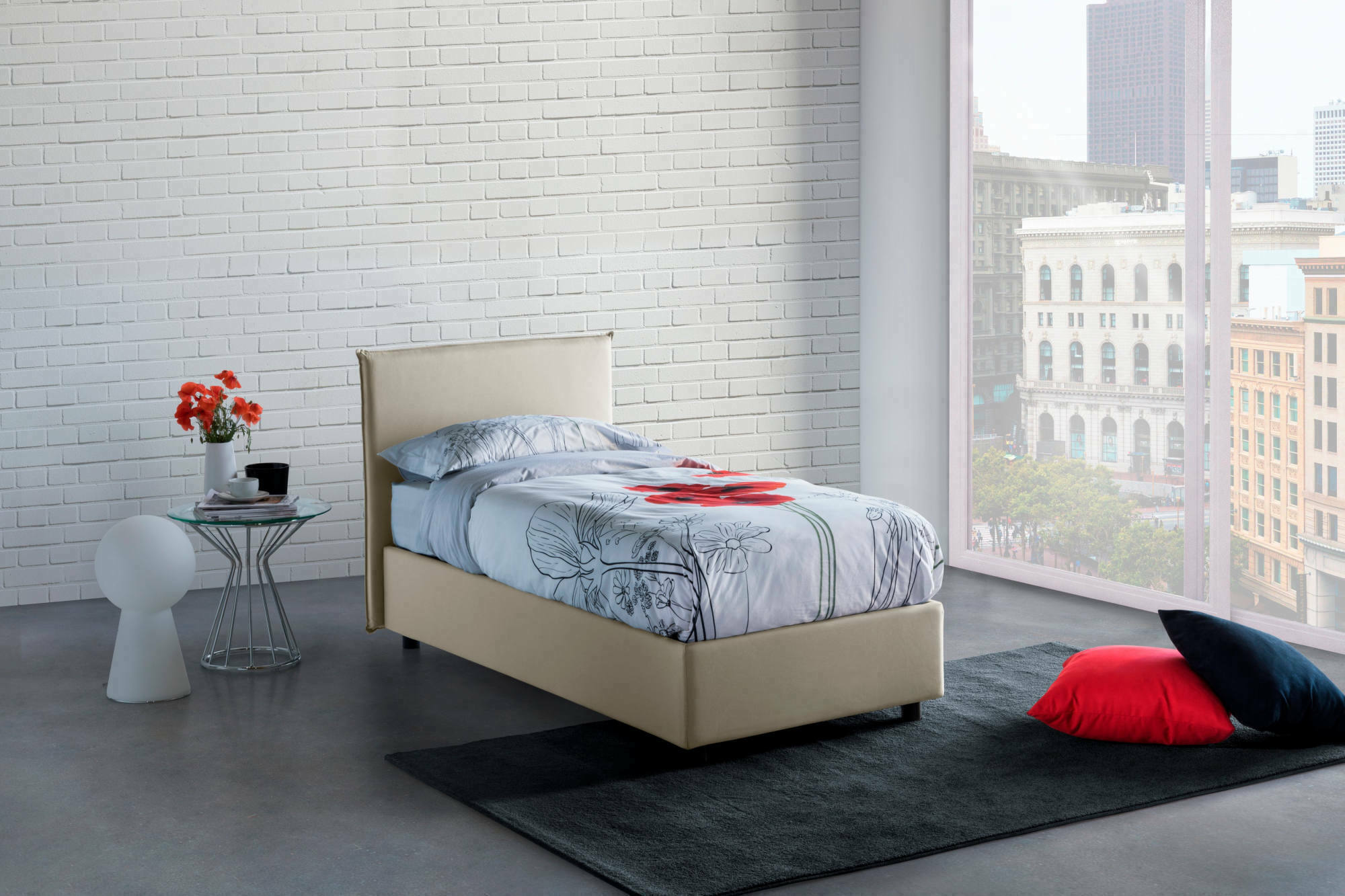 Letto singolo Ajan, Letto contenitore con rivestimento in tessuto, Made in Italy, Apertura frontale, adatto per materasso cm 90x190, Beige