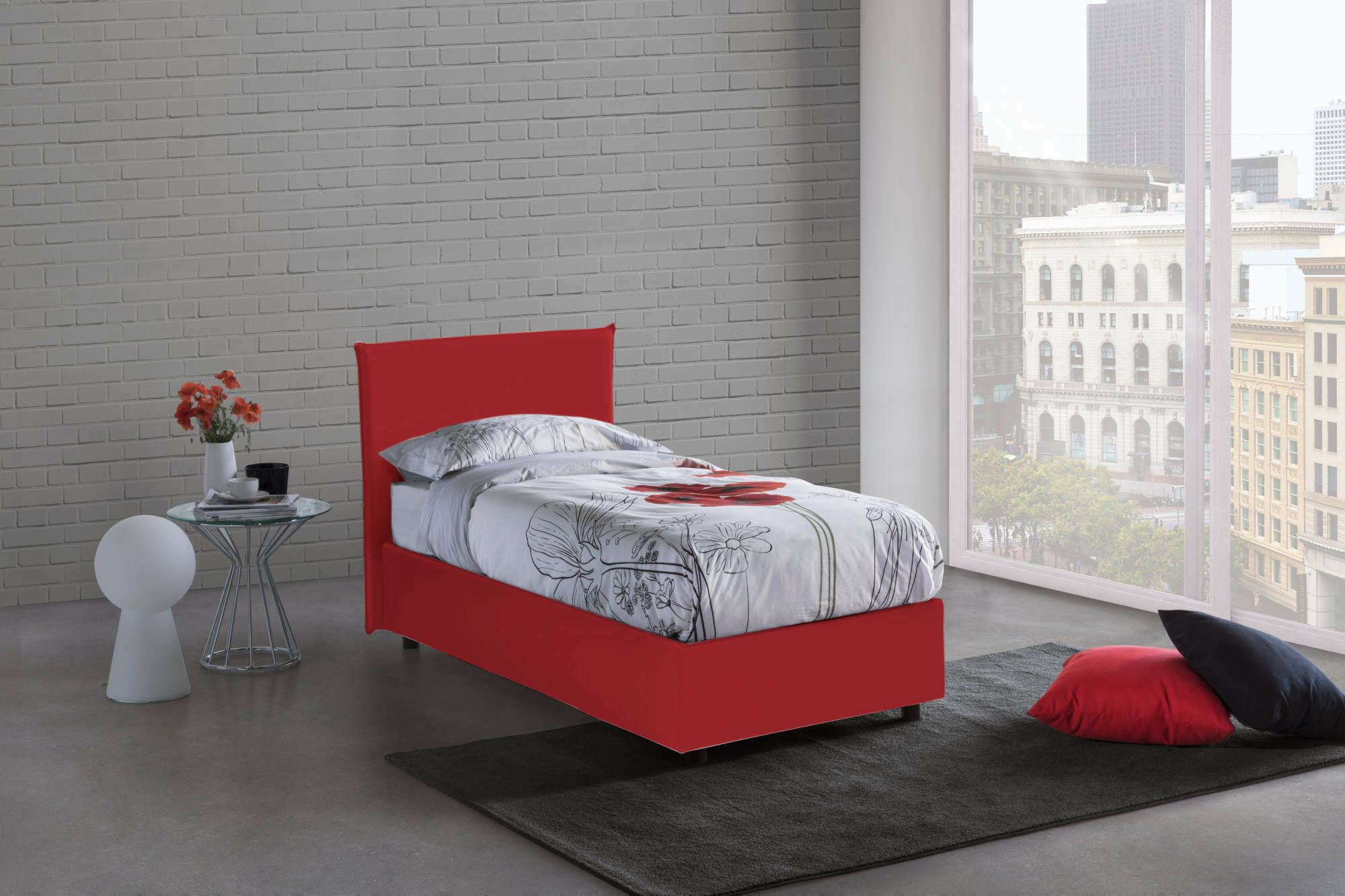 Letto singolo Ajan, Letto contenitore con rivestimento in tessuto, Made in Italy, Apertura frontale, adatto per materasso cm 90x190, Rosso