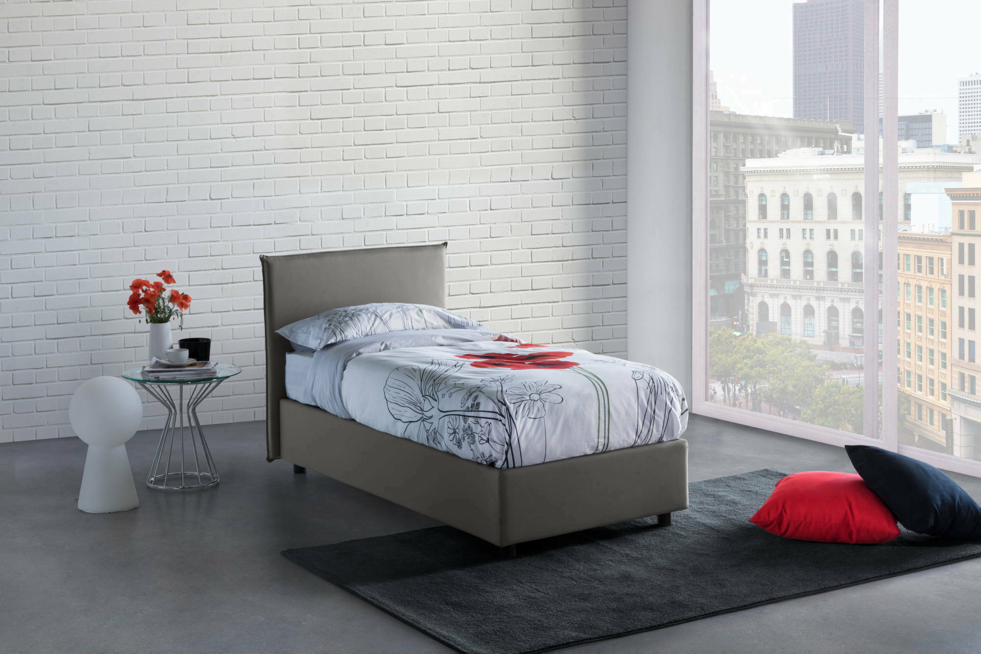 Letto singolo Alder, Letto contenitore con rivestimento in tessuto, Made in Italy, Apertura frontale, adatto per materasso cm 90x200, Grigio