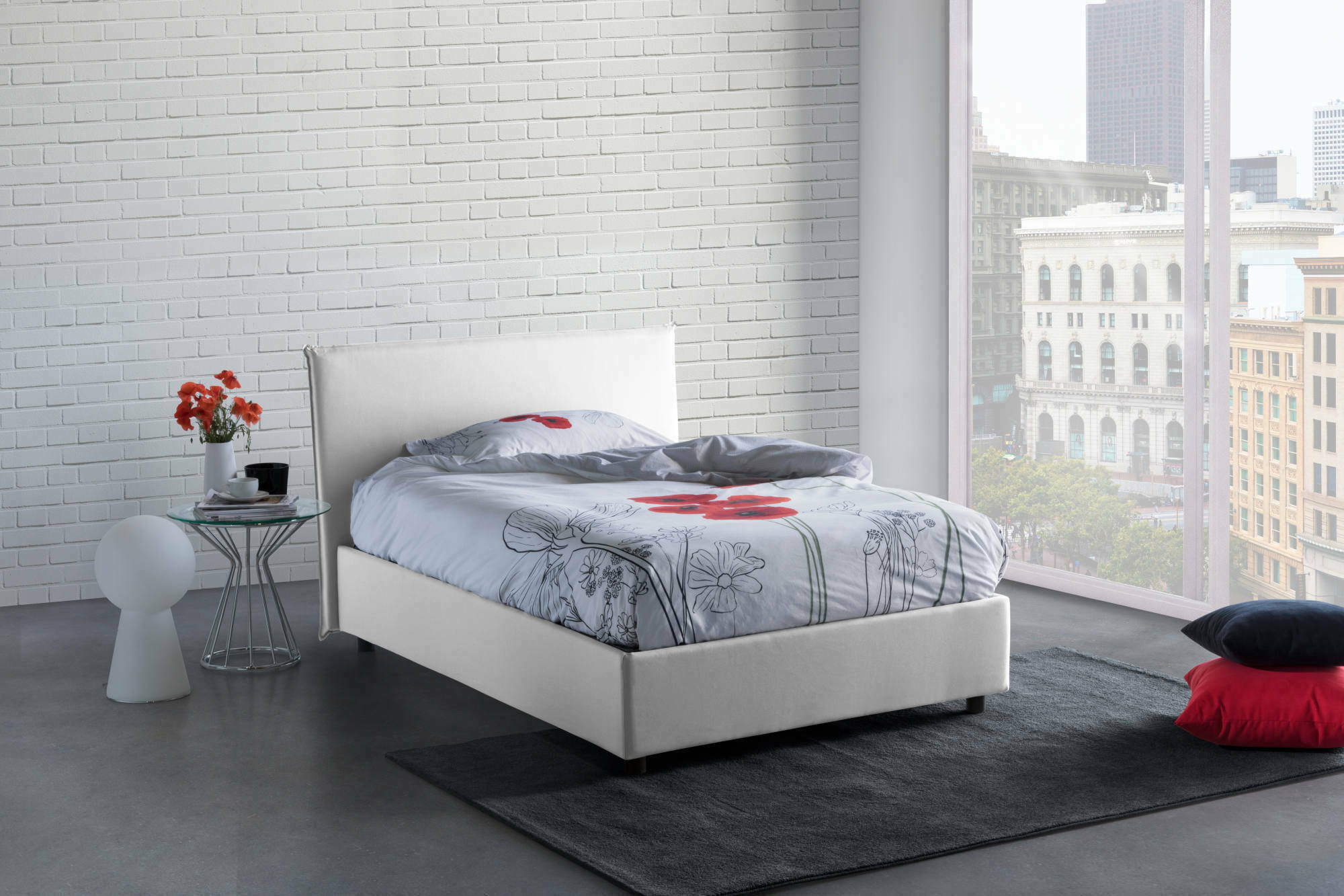 Letto matrimoniale Angelic, Letto contenitore con rivestimento in tessuto, Made in Italy, Apertura frontale, adatto per materasso cm 140x190, Bianco