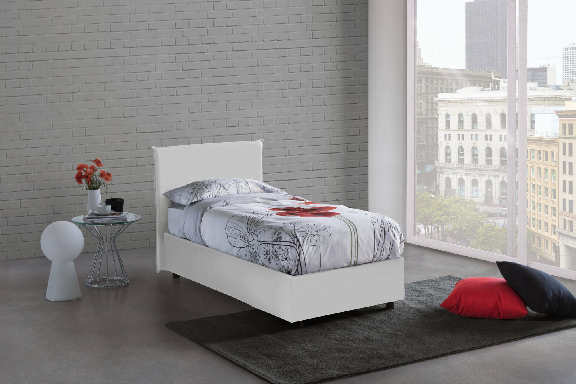 Letto singolo ArtemisiaI, Letto contenitore con rivestimento in ecopelle, Made in Italy, Apertura frontale, adatto per materasso cm 90x200, Bianco