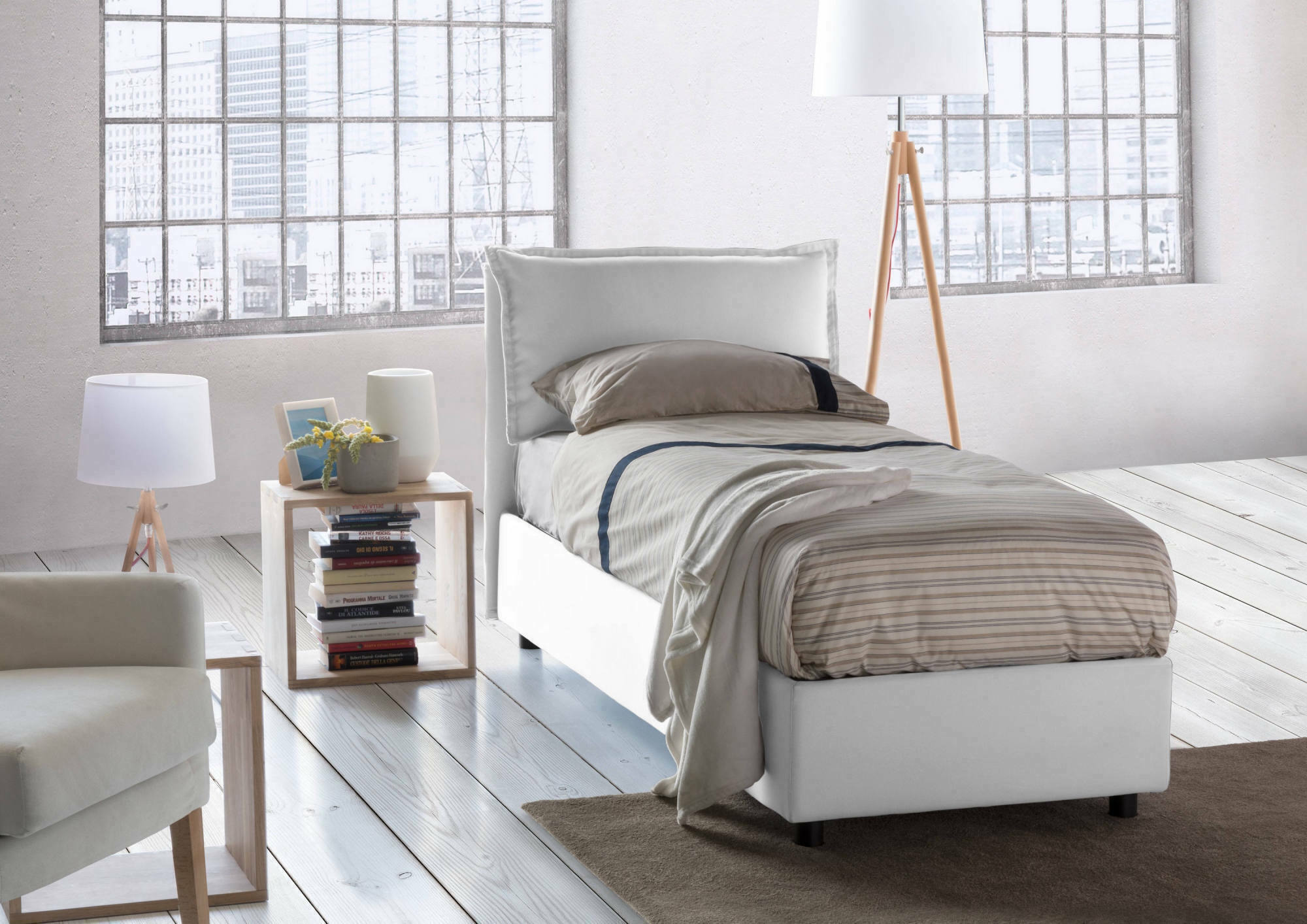 Letto singolo Azzurrino, Letto contenitore con rivestimento in tessuto, Made in Italy, Apertura frontale, adatto per materasso cm 80x200, Bianco