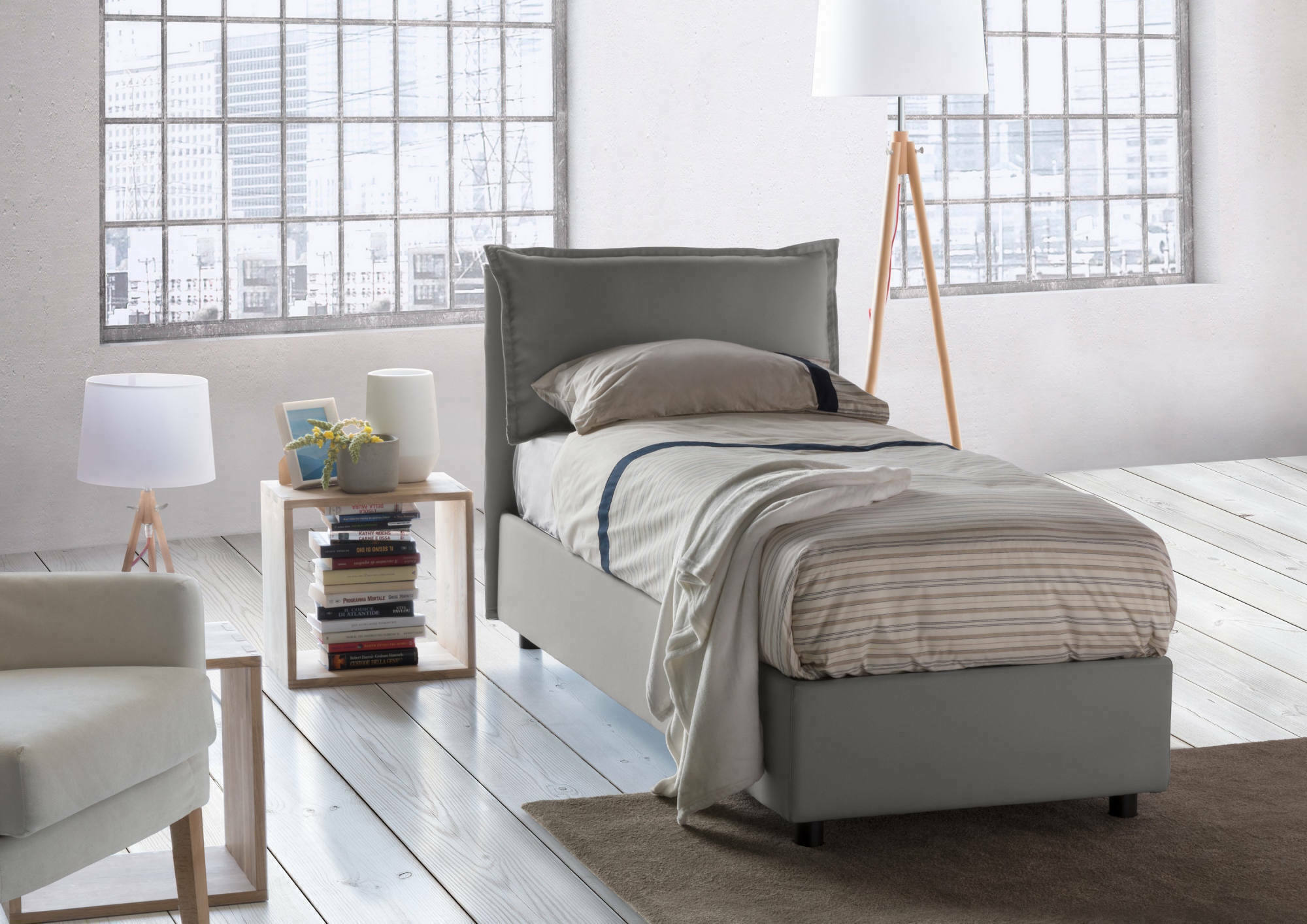 Letto singolo Aigor, Letto contenitore con rivestimento in tessuto, Made in Italy, Apertura frontale, adatto per materasso cm 90x190, Grigio