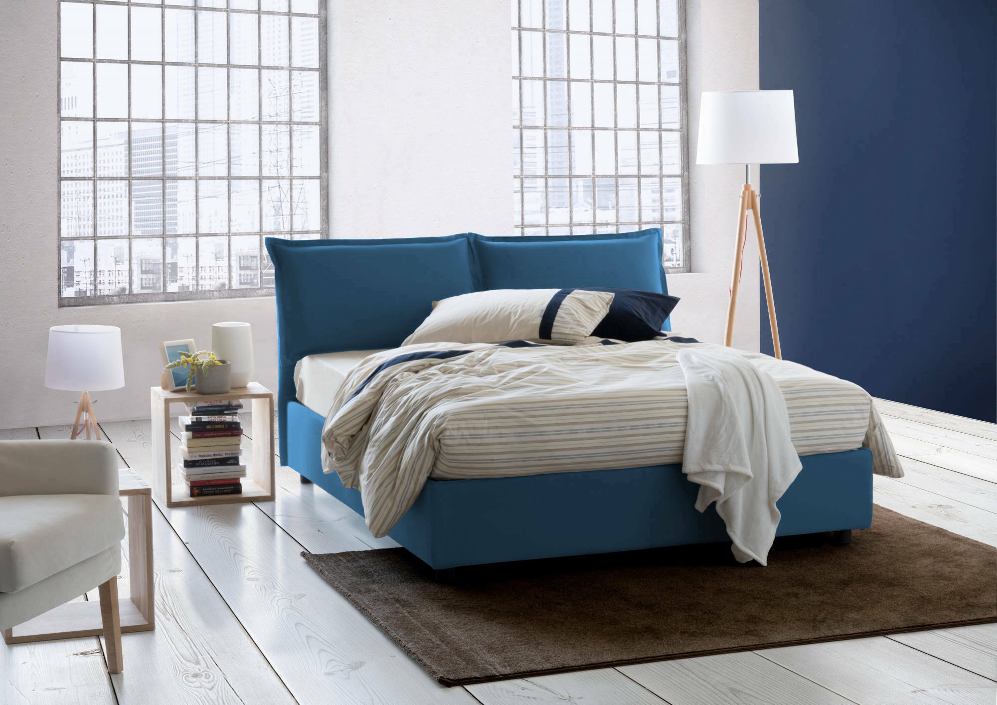 Letto matrimoniale Agalo, Letto contenitore con rivestimento in tessuto, Made in Italy, Apertura frontale, adatto per materasso cm 140x200, Blu