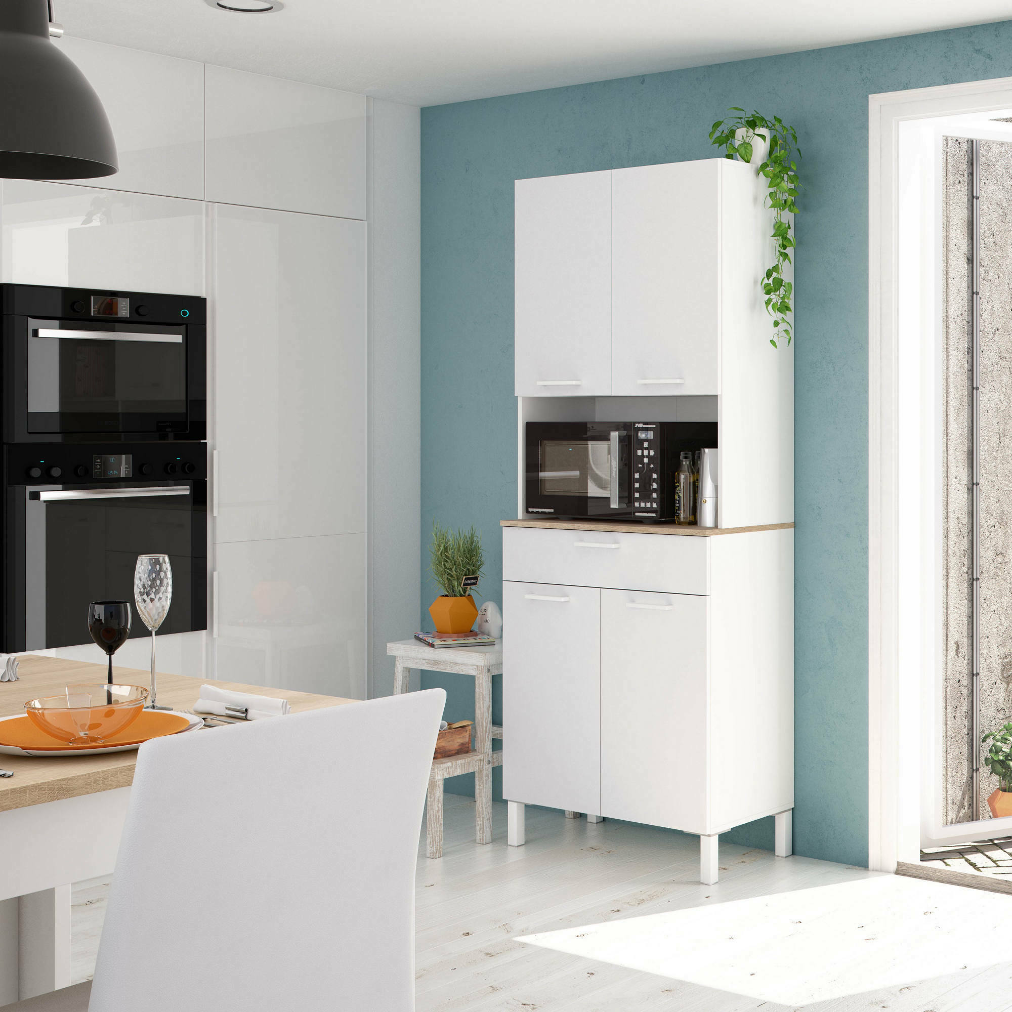 Armadio multiuso Dicentra, Mobile ausiliario da cucina, Credenza a 4 ante e 1 cassetto con ripiani, Armadio aperto, cm 72x40h186, Bianco e Rovere
