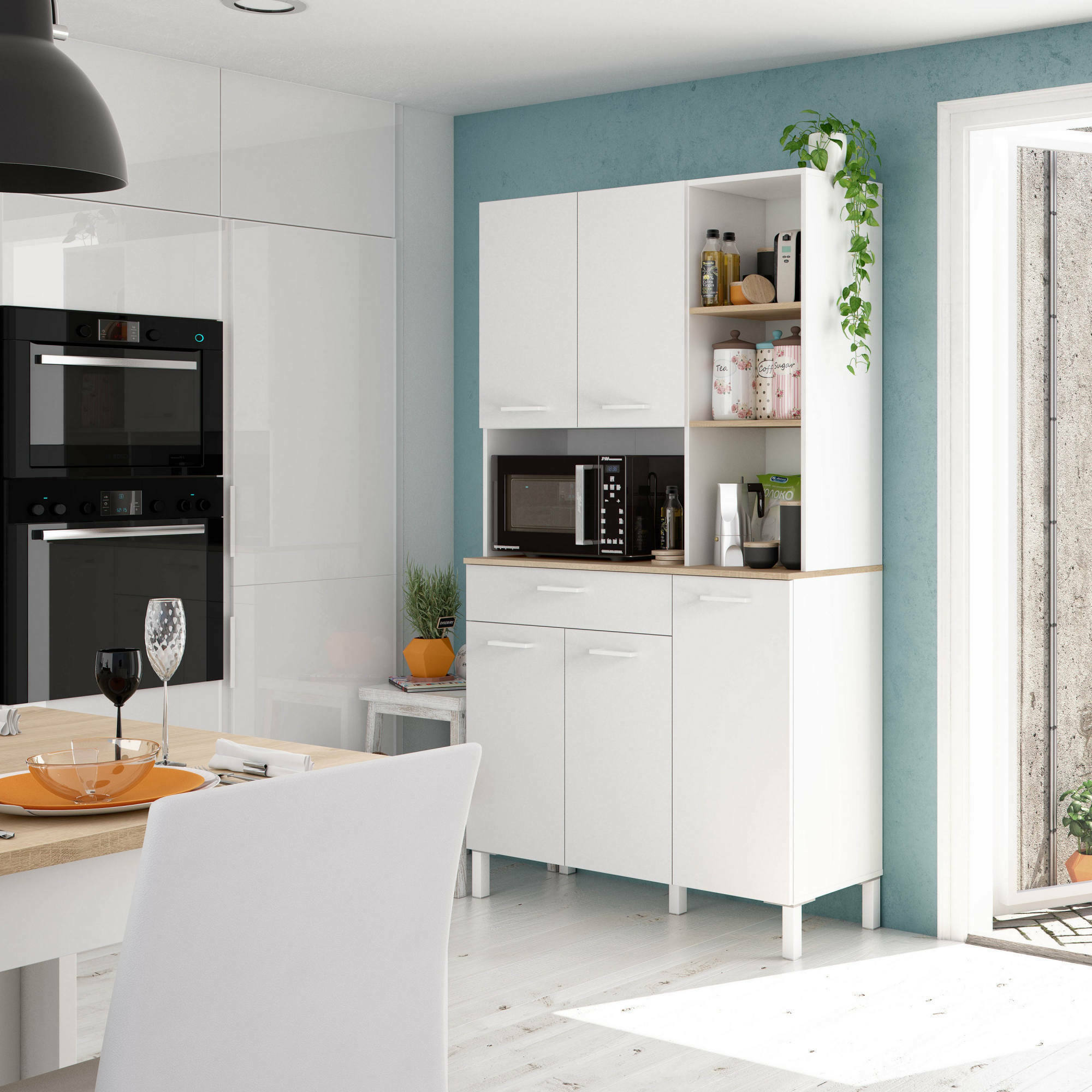 Armadio multiuso Abbaio, Mobile ausiliario da cucina, Credenza a 5 ante e 1 cassetto con ripiani, Armadio aperto, cm 108x40h186, Bianco e Rovere