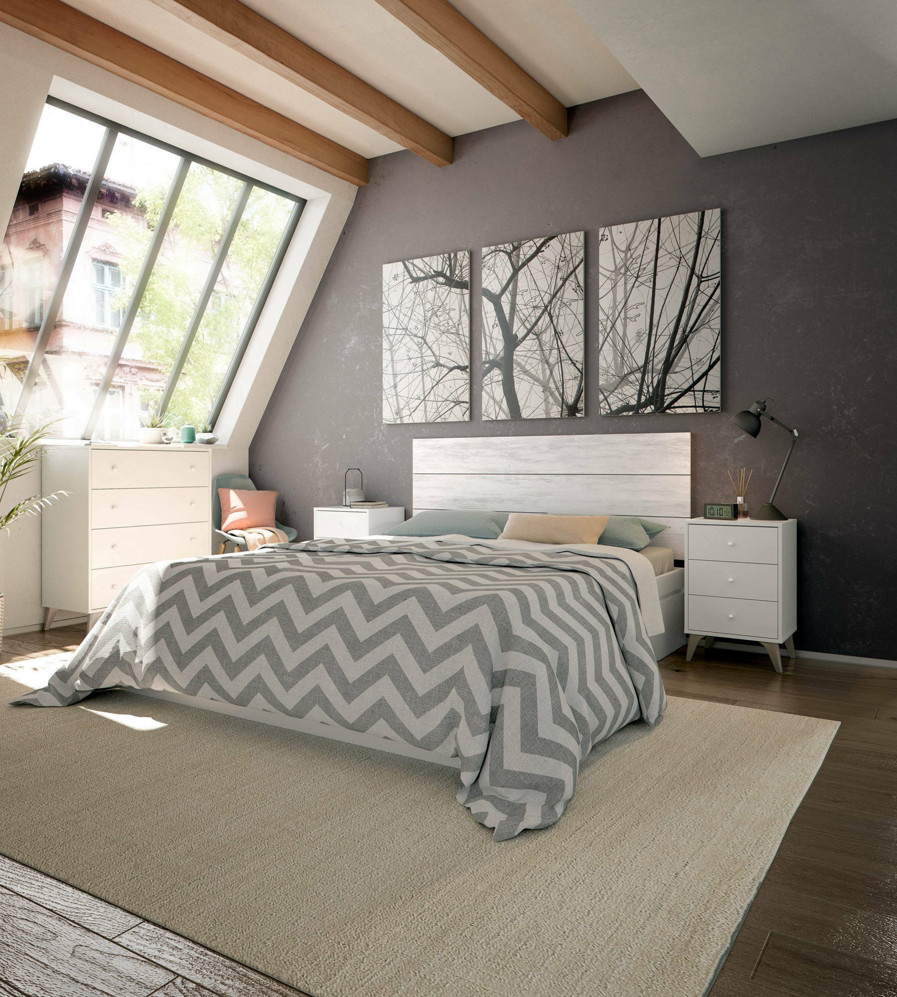 Image of Comodino Attina, Comodino a 3 cassetti, Tavolino da notte, cm 40x34h56, Bianco e Rovere