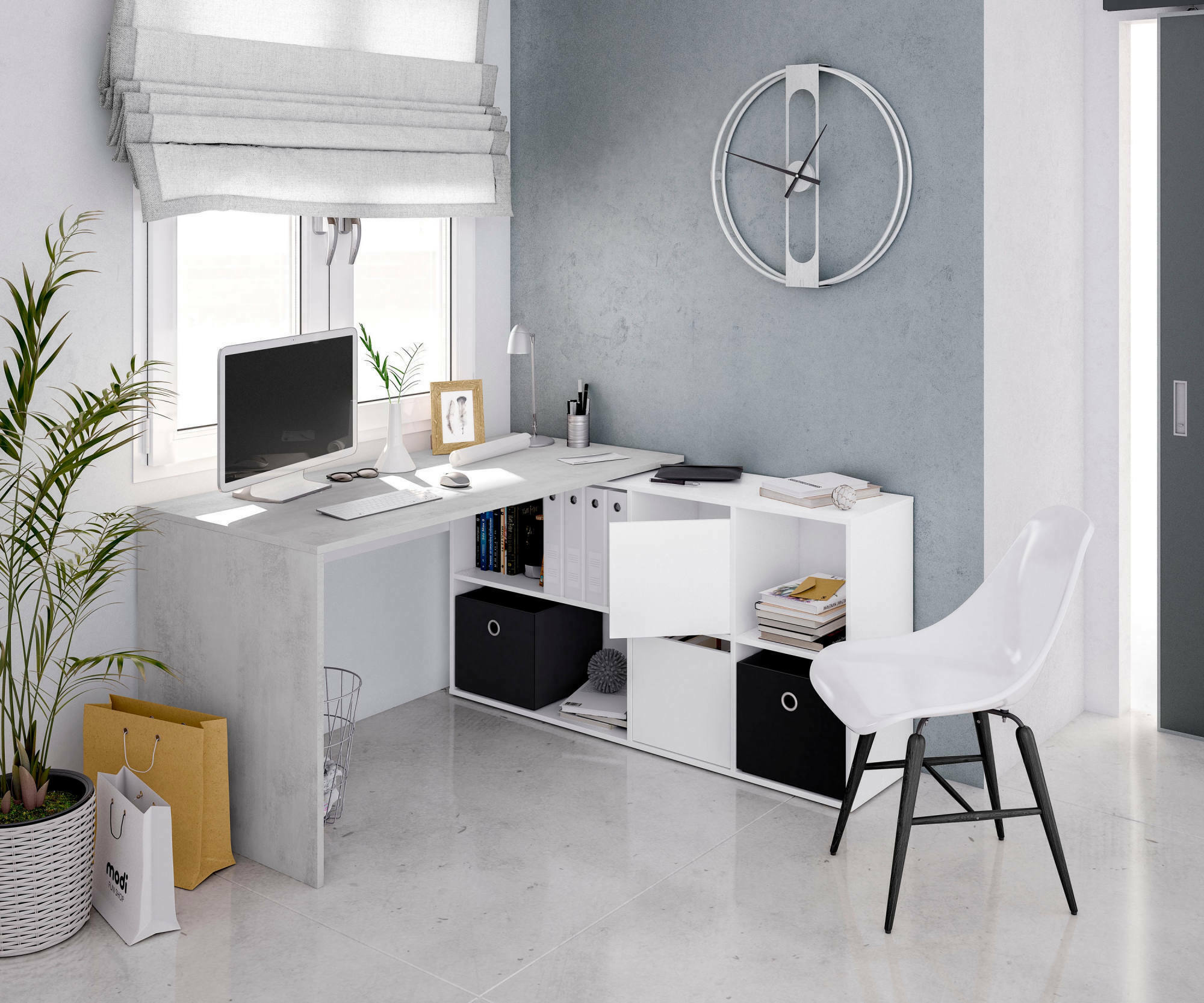 Scrivania Abby, Scrittoio reversibile multiposizione, Tavolo da studio o ufficio porta PC con scaffale, cm 136x139h74, Bianco e Cemento