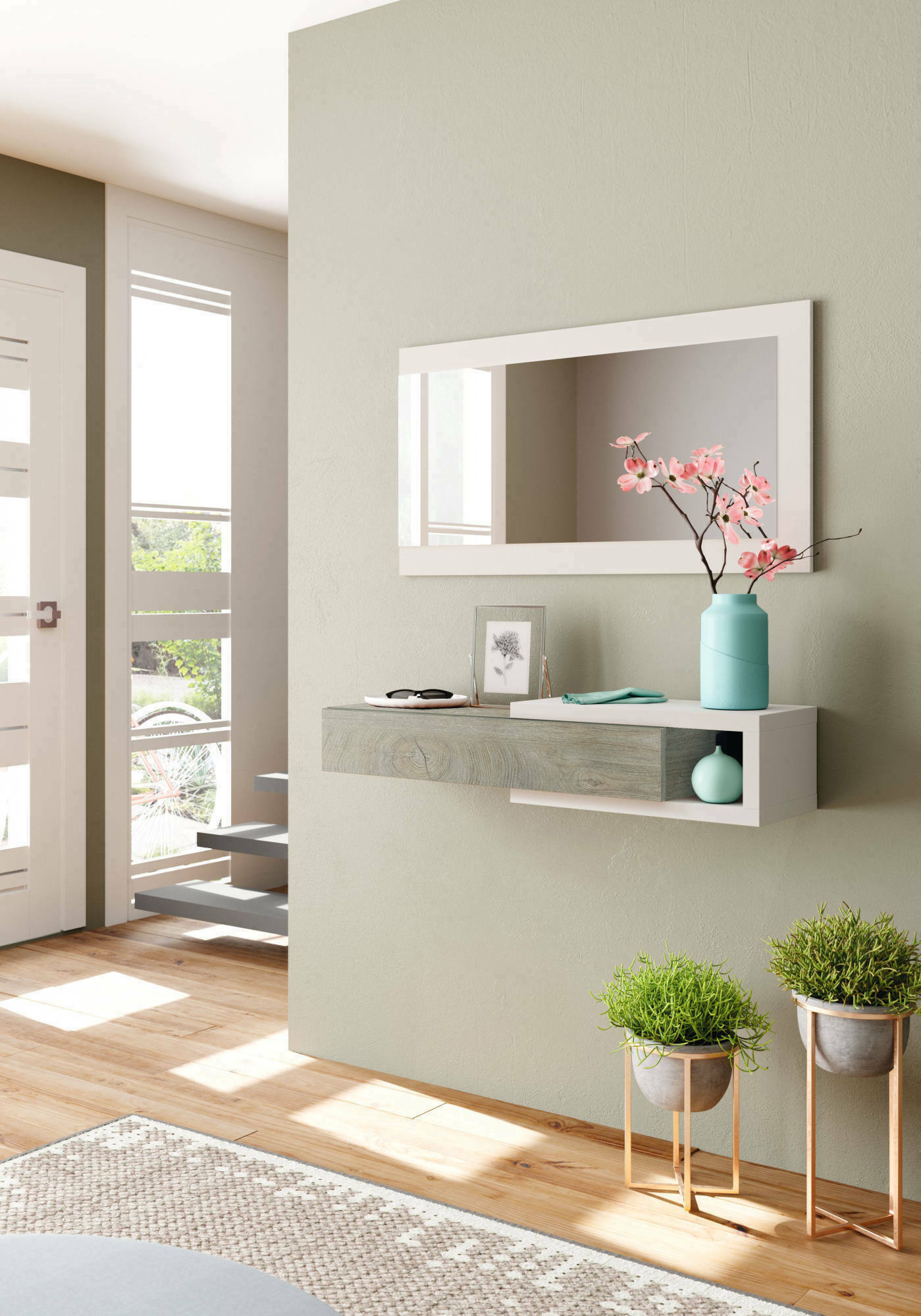 Mobile da ingresso Arty, Entratina con specchio, Mobile per atrio con cassetto, Svuotatasche per appartamenti, cm 95x26h69, Bianco e Rovere