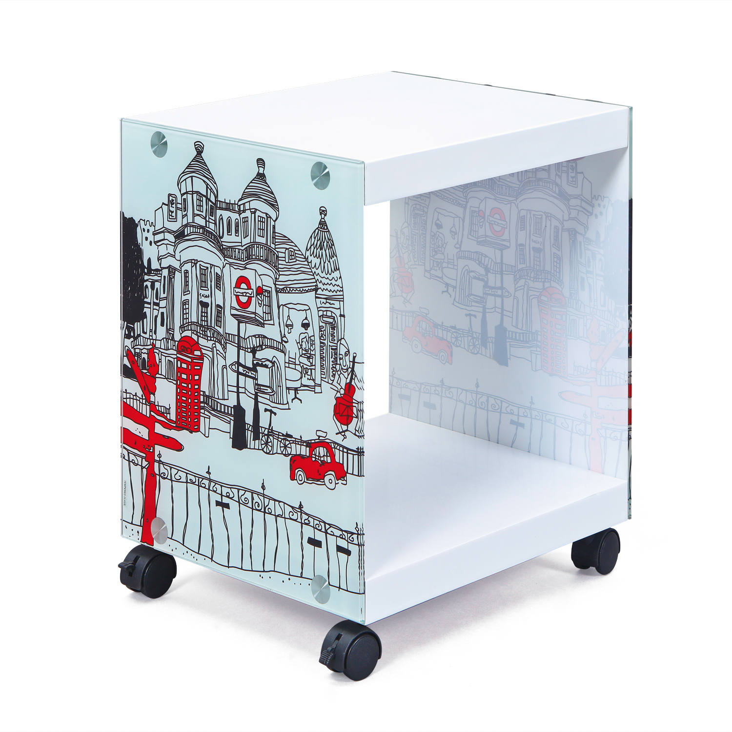 Tavolino-comodino con Dpavo, in legno bianco con fantasia Londra, cm 38x33.5x46