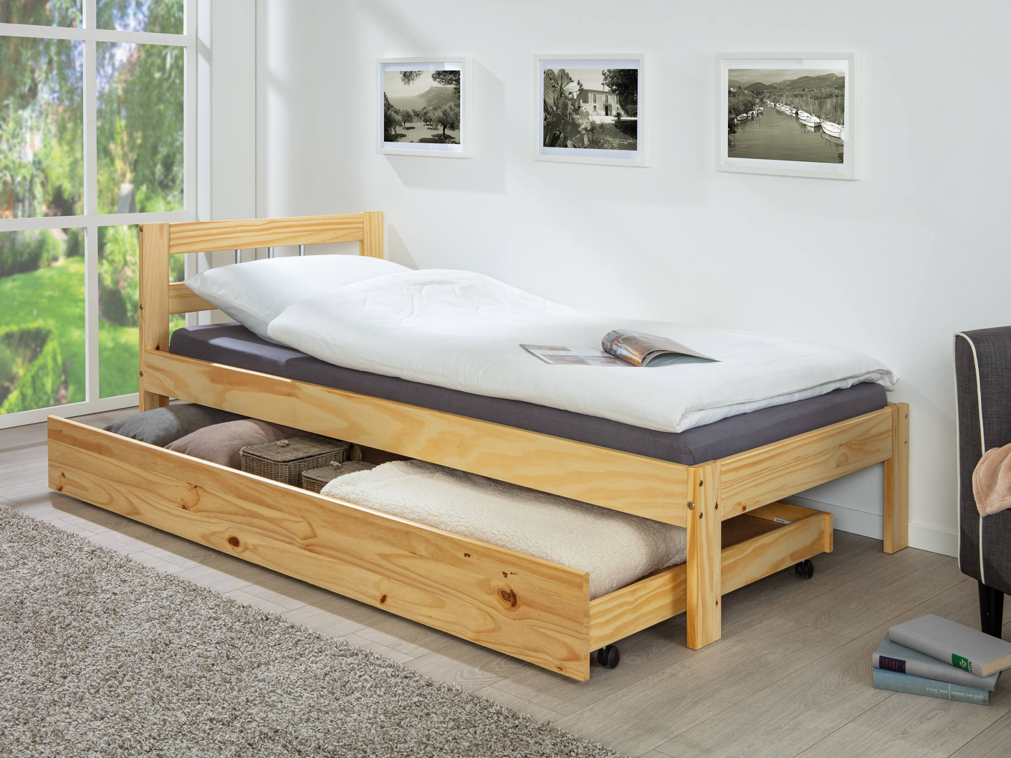 Cassetto con ruote estraibile per Dhorsche, in pino massello color naturale, Misure 199 x 94 x 22 cm