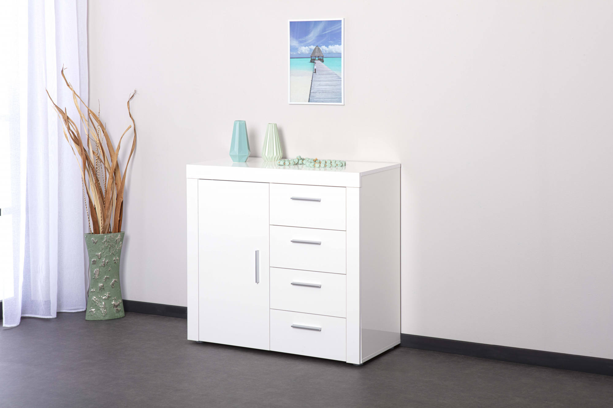 Credenza con 1 anta e 4 Dlangasqu, bianco lucido, cm 94x40x86