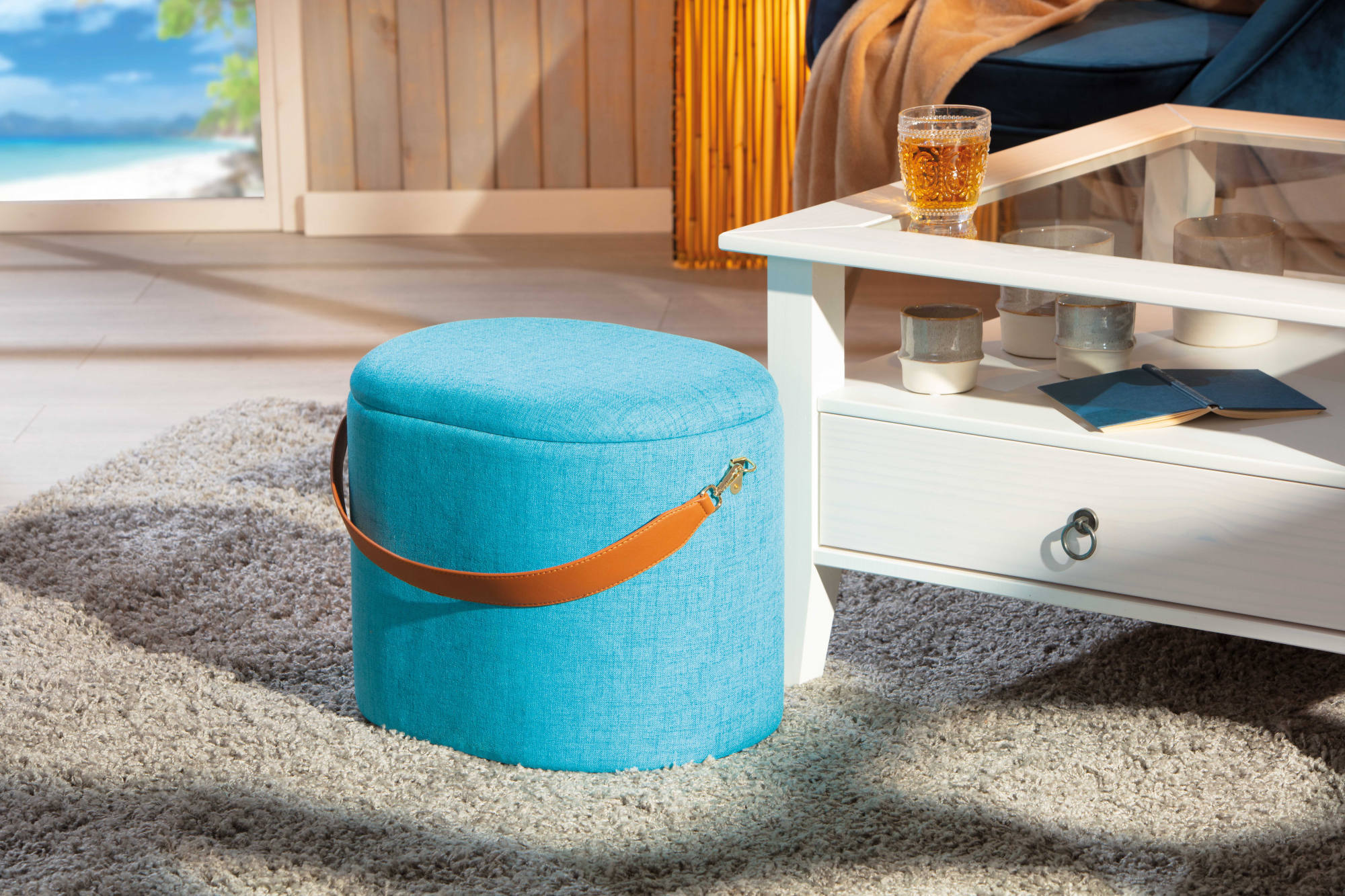 Pouf contenitore in tessuto con maniglia in Dcarte, colore azzurro, cm 42x30x36
