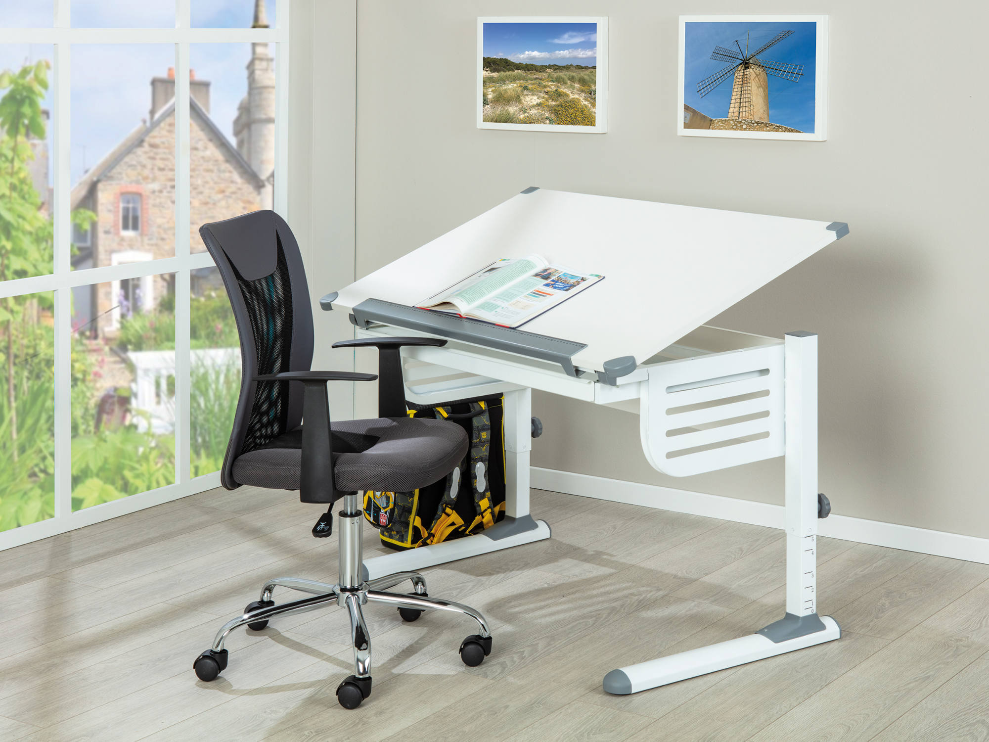 Scrivania regolabile in altezza con ripiano Dfrazie, in metallo bianco, cm 110x68x55-78