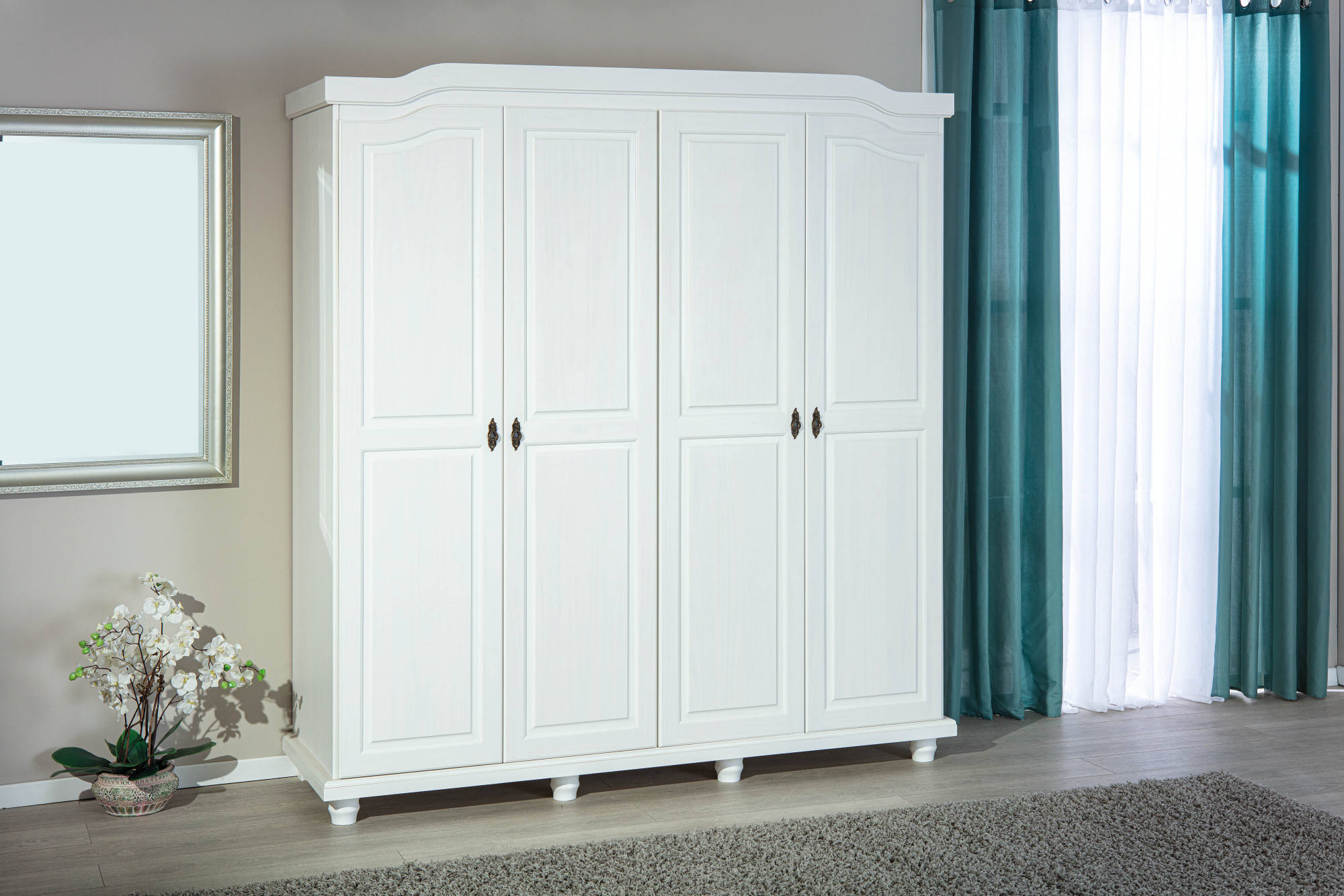 Armadio a 4 Dhossle, in pino massello verniciato bianco, dotato di 2 barre appendiabiti, 197,5x59,5x182.2 cm