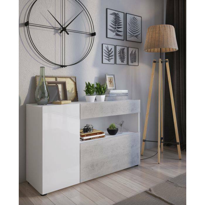 Credenza 0, Buffet moderno a 2 ante e 1 cassetto, Madia moderna con ripiani e vano a vista, Mobile porta TV, Cm 130x41h81, Bianco Lucido e Cemento