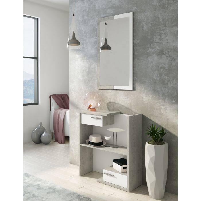 Mobile da ingresso 0, Entratina moderna con specchiera, Mobile con cassetti e ripiano, Mobile svuotatasche, Cm 80x28h170, Cemento e Bianco