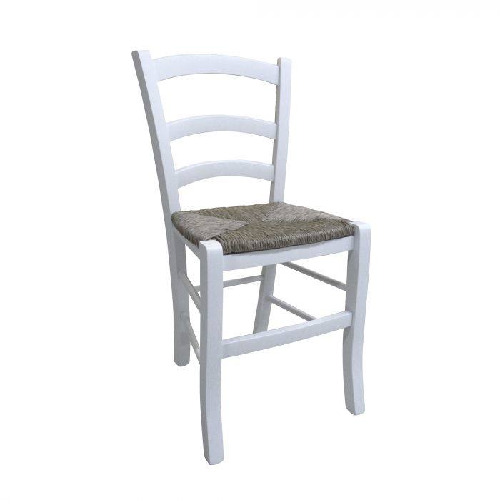 Sedia 0, Sedia classica in legno color Bianco, Ideale per sala da pranzo, cucina o salotto, Made in Italy, Cm 46x42h87, con fondello in Paglia