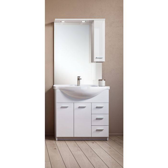 Mobile sottolavabo 0, Armadietto moderno da bagno con specchiera, Lavatoio con 2 ante battenti e 3 cassetti, Made in Italy, Cm 105x50h191, Bianco