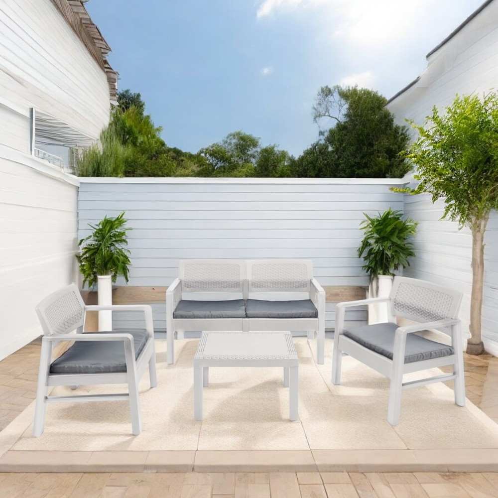 Set salotto da esterno Agnelo, Set da giardino con 2 poltrone, 1 divano e 1 tavolino, Salottino indoor, 100% Made in Italy, Cm 121x58h74, Bianco