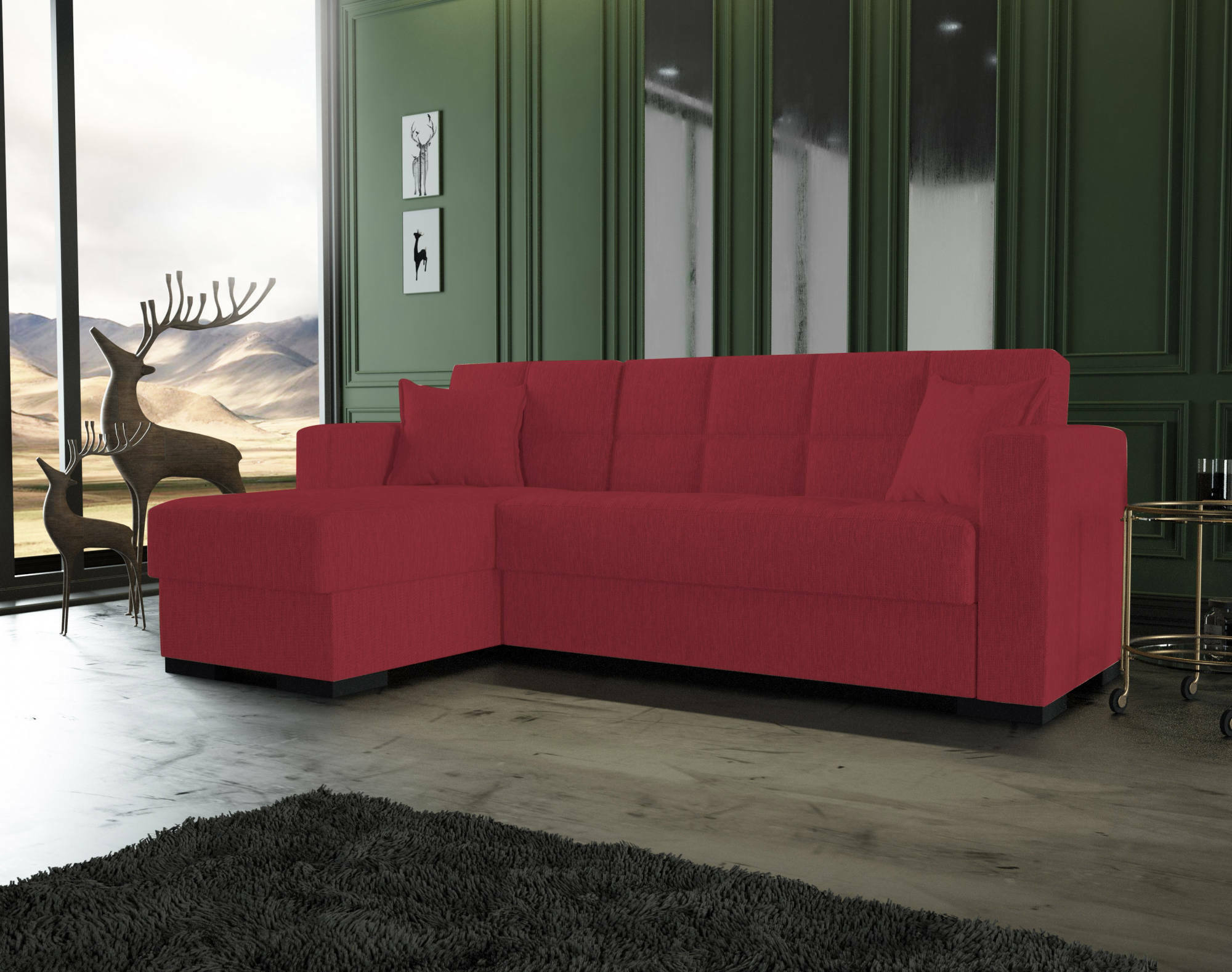 Divano letto Armadillo, Divano letto ad angolo con penisola reversibile, SofÃ  contenitore da soggiorno con chaislongue e 2 cuscini, Cm 230x150h81, Rosso