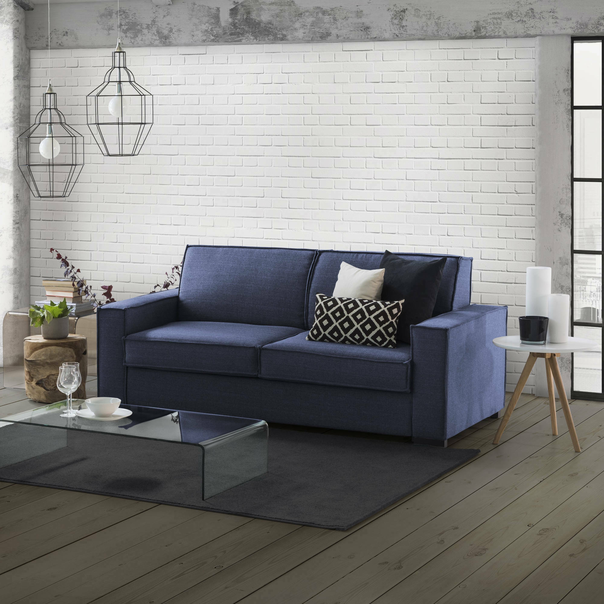 Divano fisso Eletta, Divano a 2 posti Large, Made in Italy, SofÃ  Soggiorno in tessuto, con Braccioli standard, cm 200x95h90, Blu