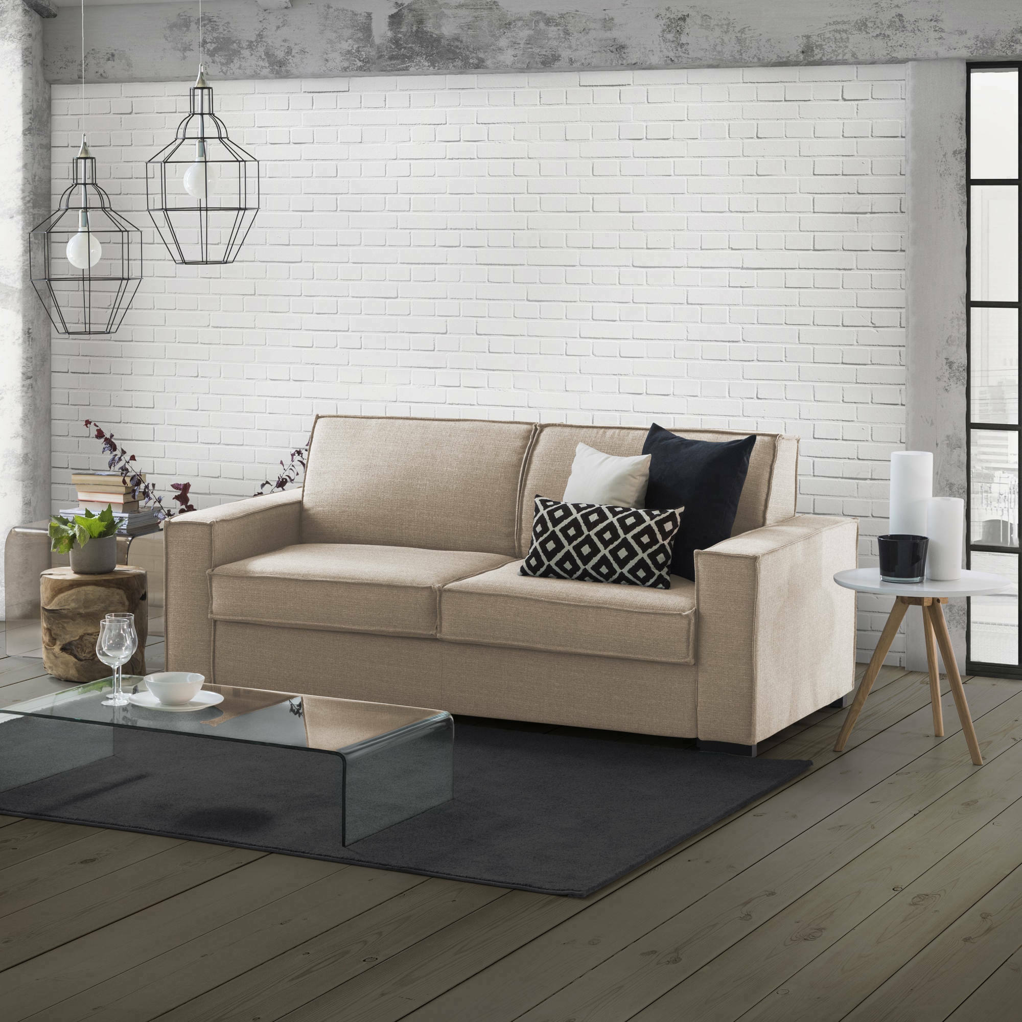 Divano fisso Arki, Divano a 2 posti, Made in Italy, SofÃ  Soggiorno in tessuto, con Braccioli standard, cm 180x95h90, Beige