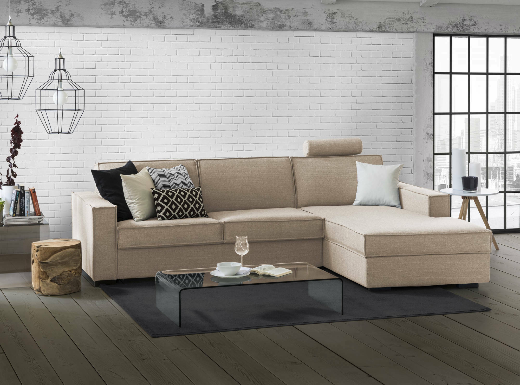 Divano fisso Assobasso, Divano ad angolo, Made in Italy, SofÃ  Soggiorno con, penisola contenitore Destra, con Braccioli slim, cm 260x95h90, Beige