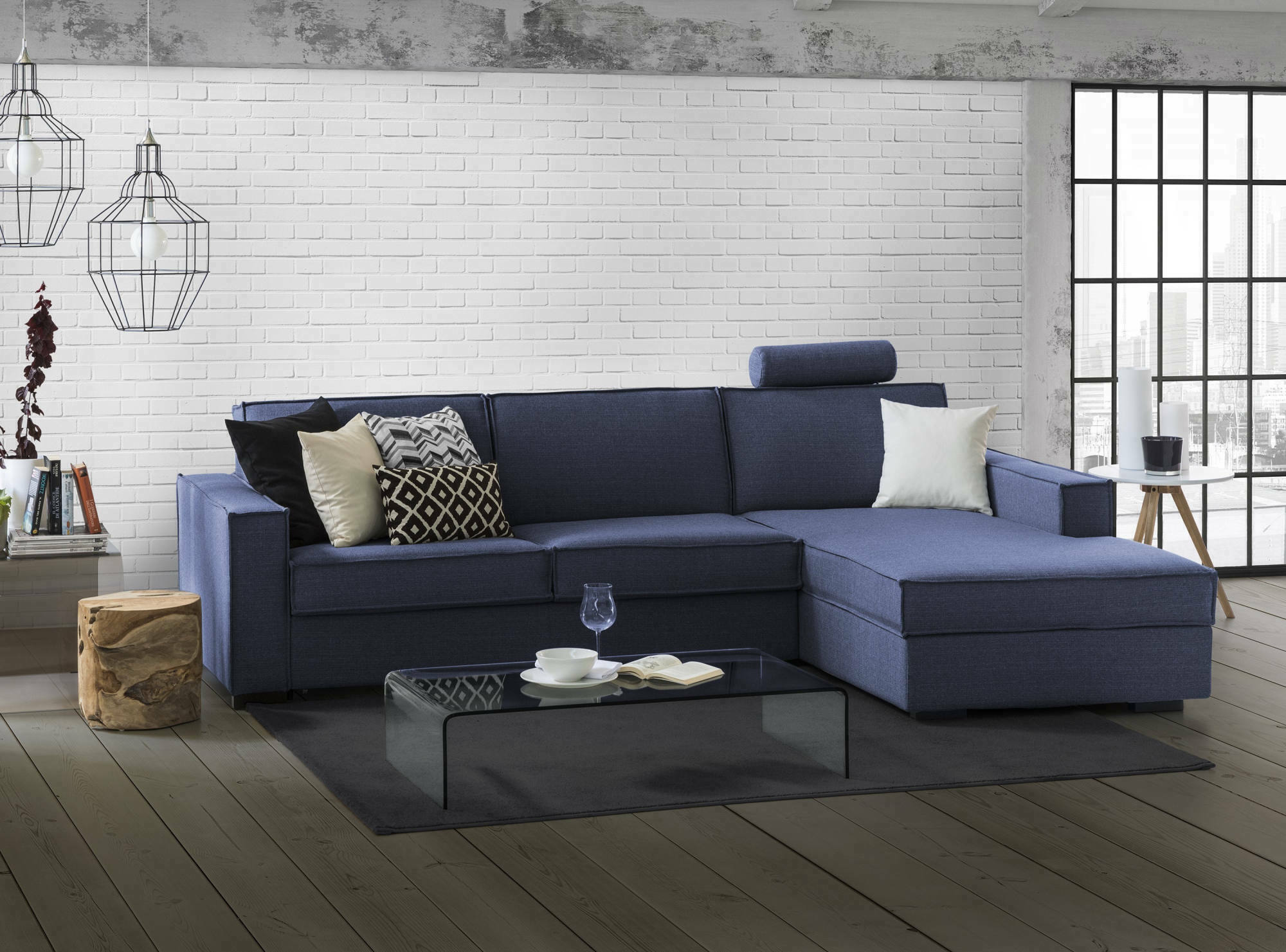 Divano fisso Assobasso, Divano ad angolo, Made in Italy, SofÃ  Soggiorno con, penisola contenitore Destra, con Braccioli slim, cm 260x95h90, Blu