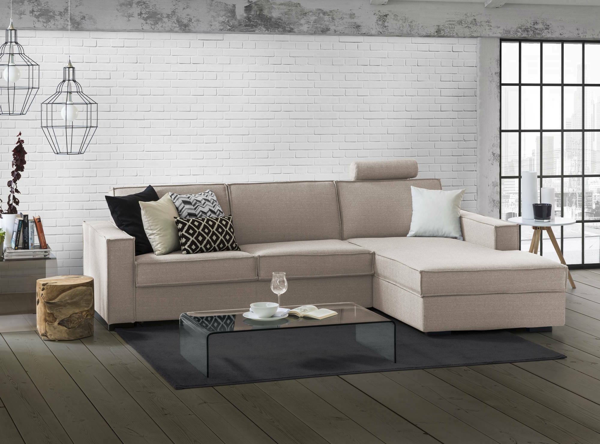 Divano fisso Assobasso, Divano ad angolo, Made in Italy, SofÃ  Soggiorno con, penisola contenitore Destra, con Braccioli slim, cm 260x95h90, Tortora