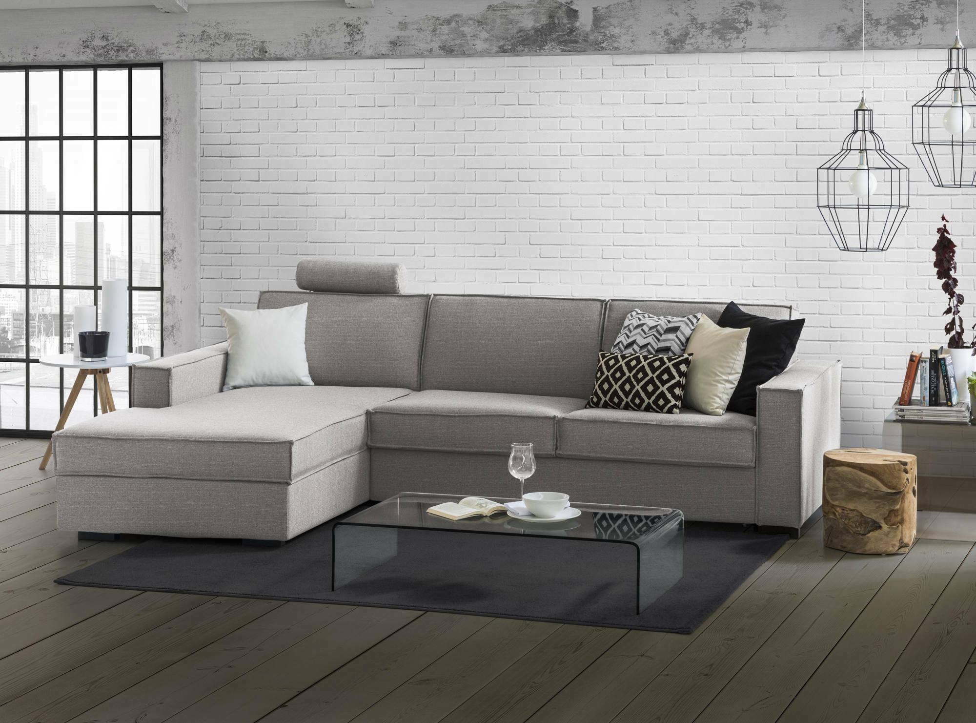 Divano fisso Sodalite, Divano ad angolo, Made in Italy, SofÃ  Soggiorno con, penisola contenitore Sinistra, con Braccioli slim, cm 260x95h90, Grigio