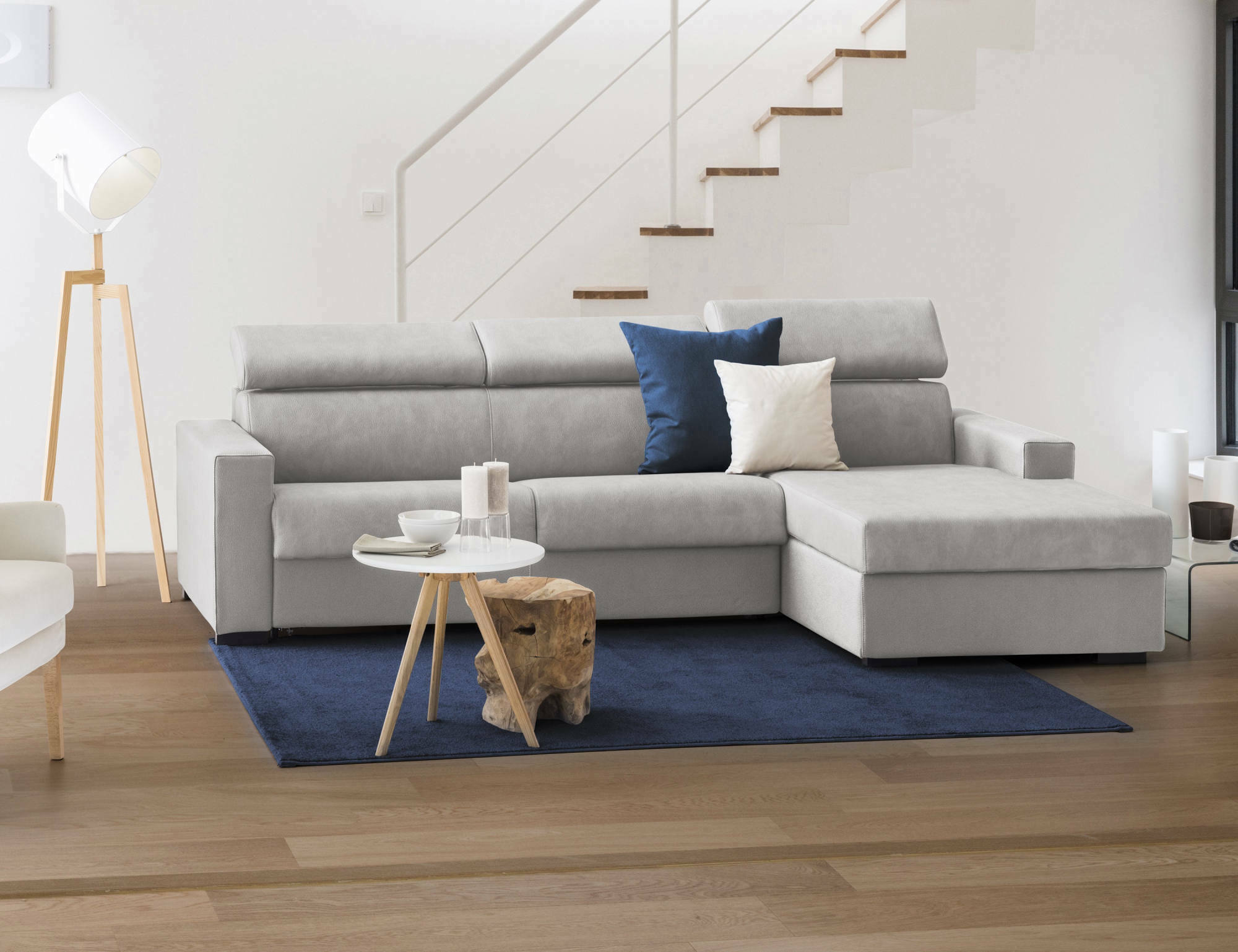 Divano Letto Alibella, Divano ad angolo, Made in Italy, SofÃ  con apertura girevole, con Penisola contenitore Destra, con Braccioli slim, cm 260x95h85, Grigio