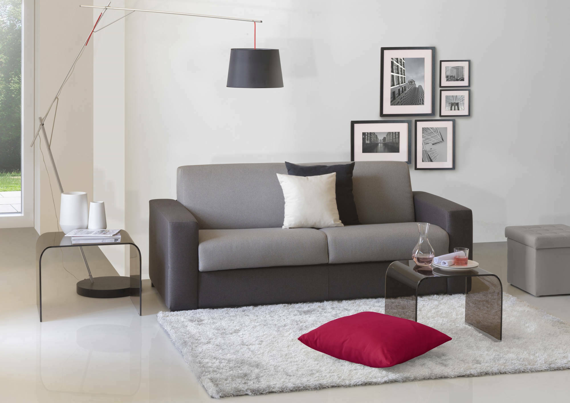 Divano Letto Akito, Divano a 2 posti Large, Made in Italy, SofÃ  Soggiorno con apertura girevole, in tessuto imbottito, con Braccioli slim, cm 180x95h90, Grigio e Antracite