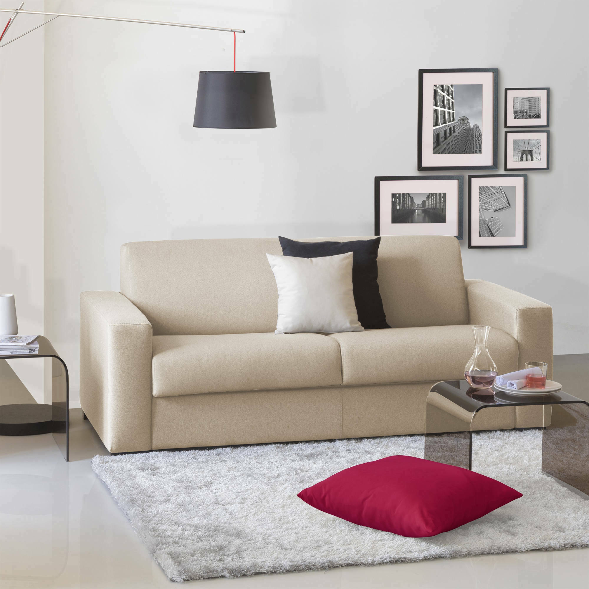 Divano Letto Estia, Divano a 3 posti, Made in Italy, SofÃ  Soggiorno con apertura girevole, in tessuto imbottito, con Braccioli standard, cm 220x95h90, Beige