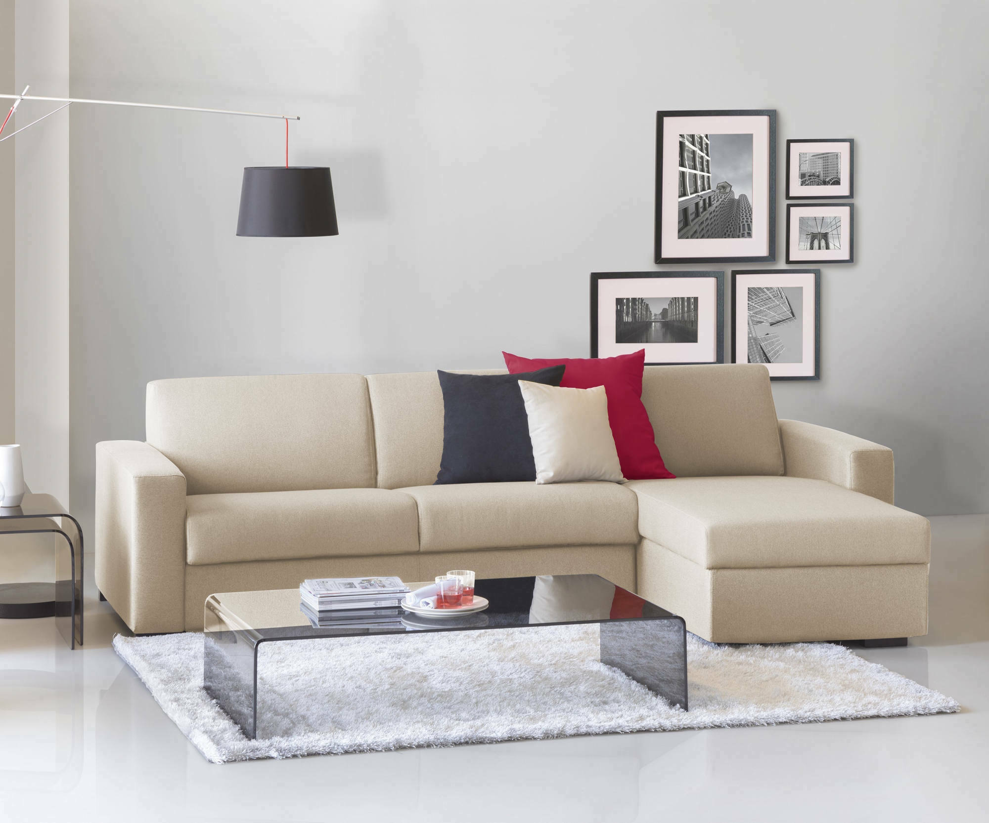 Divano Letto Allegria, Divano ad angolo, Made in Italy, SofÃ  con apertura girevole, con Penisola contenitore reversibile, con Braccioli slim, cm 260x95h90, Beige