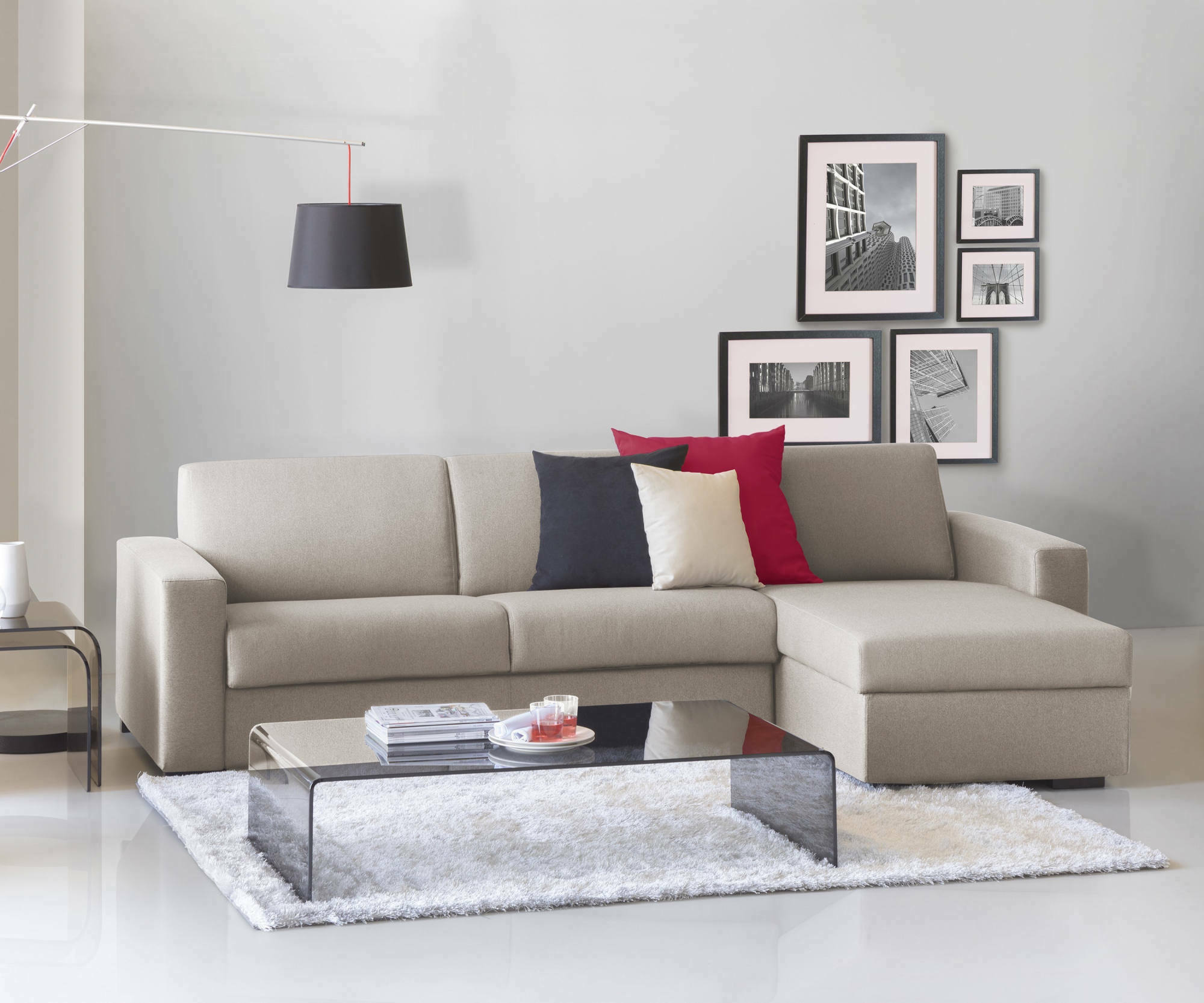 Divano Letto Allegria, Divano ad angolo, Made in Italy, SofÃ  con apertura girevole, con Penisola contenitore reversibile, con Braccioli slim, cm 260x95h90, Tortora